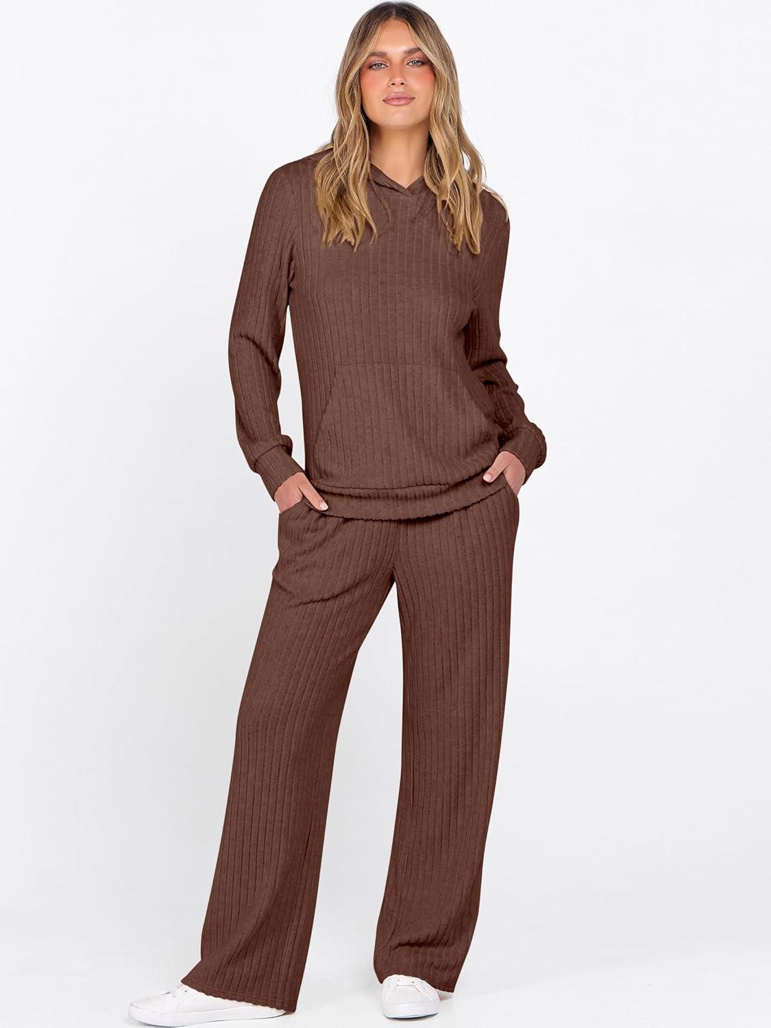 imageANRABESS Womens 2 Piece Lounge Pajama Sets Ribbed Knit Long Sleeve Hoodies Tops Matching Pants Casual Fall Sleepwear OutfitsBrown