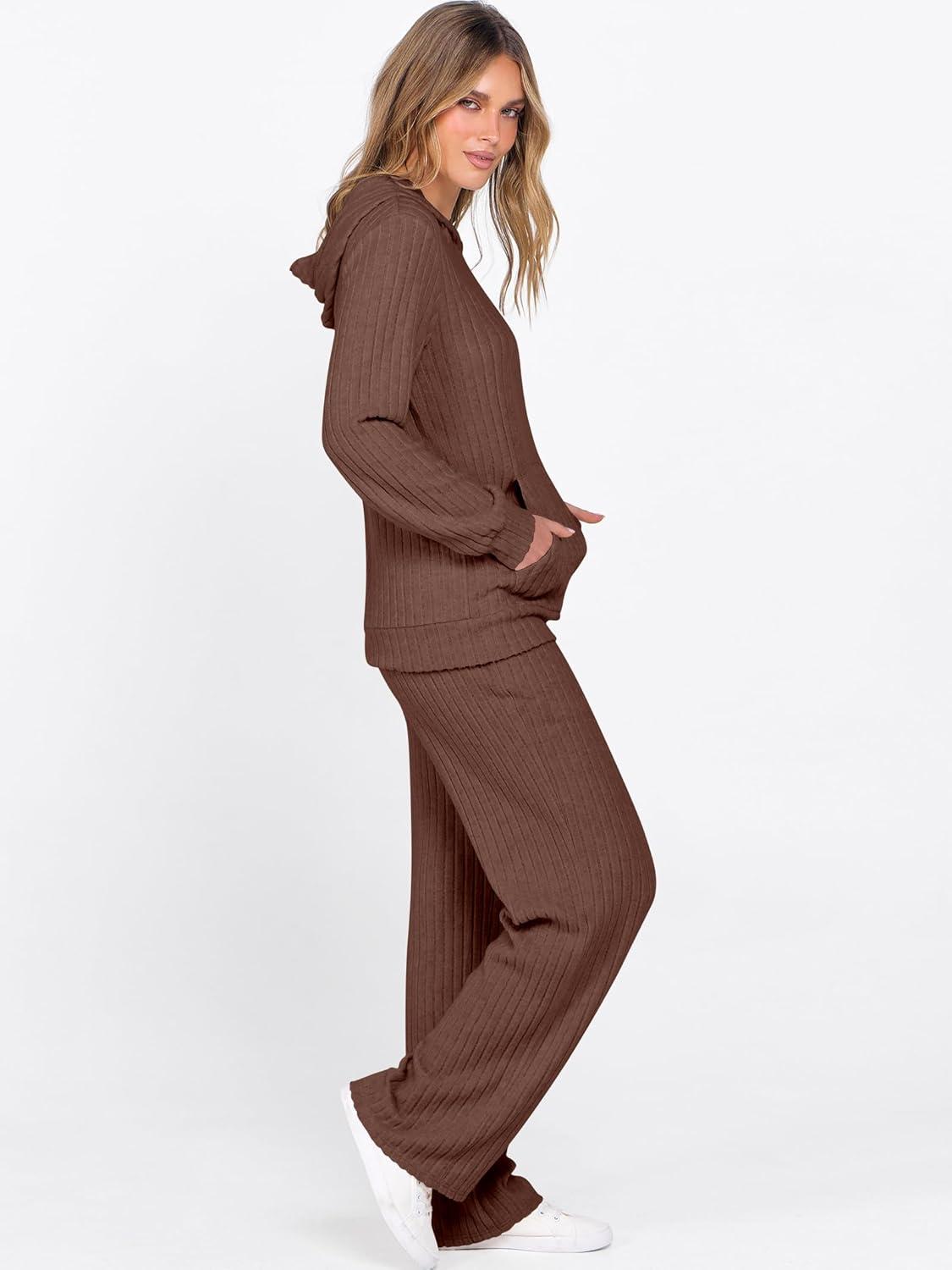 imageANRABESS Womens 2 Piece Lounge Pajama Sets Ribbed Knit Long Sleeve Hoodies Tops Matching Pants Casual Fall Sleepwear OutfitsBrown