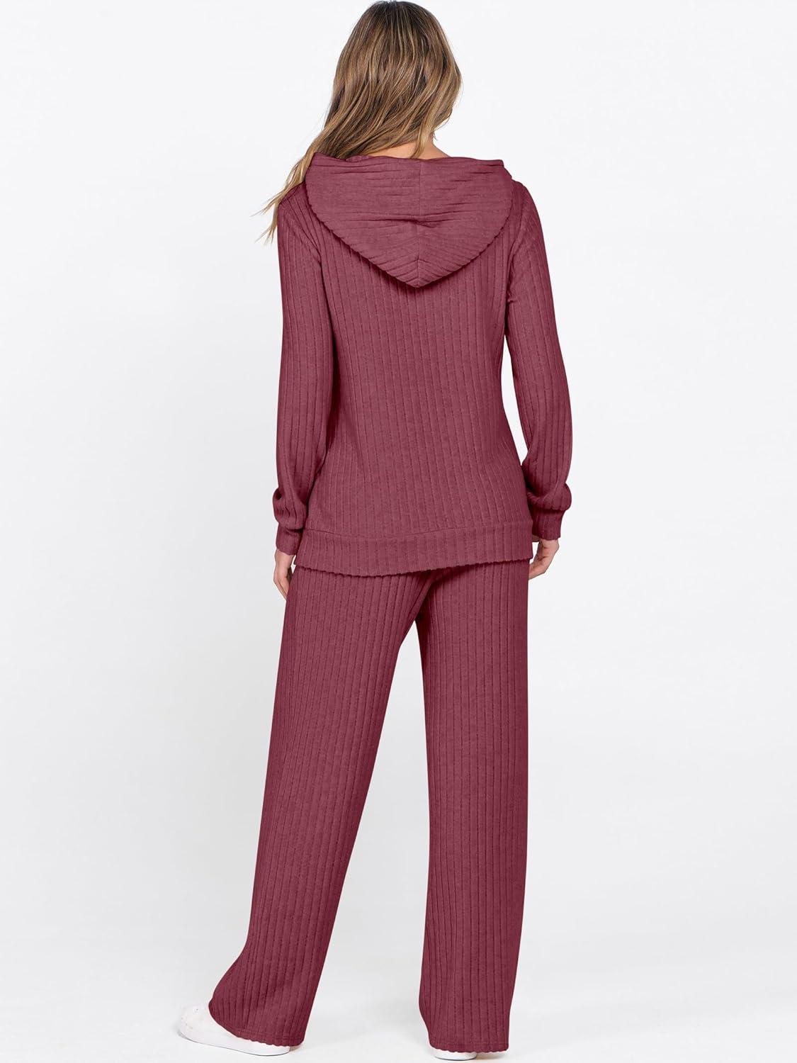 imageANRABESS Womens 2 Piece Lounge Pajama Sets Ribbed Knit Long Sleeve Hoodies Tops Matching Pants Casual Fall Sleepwear OutfitsDark Red