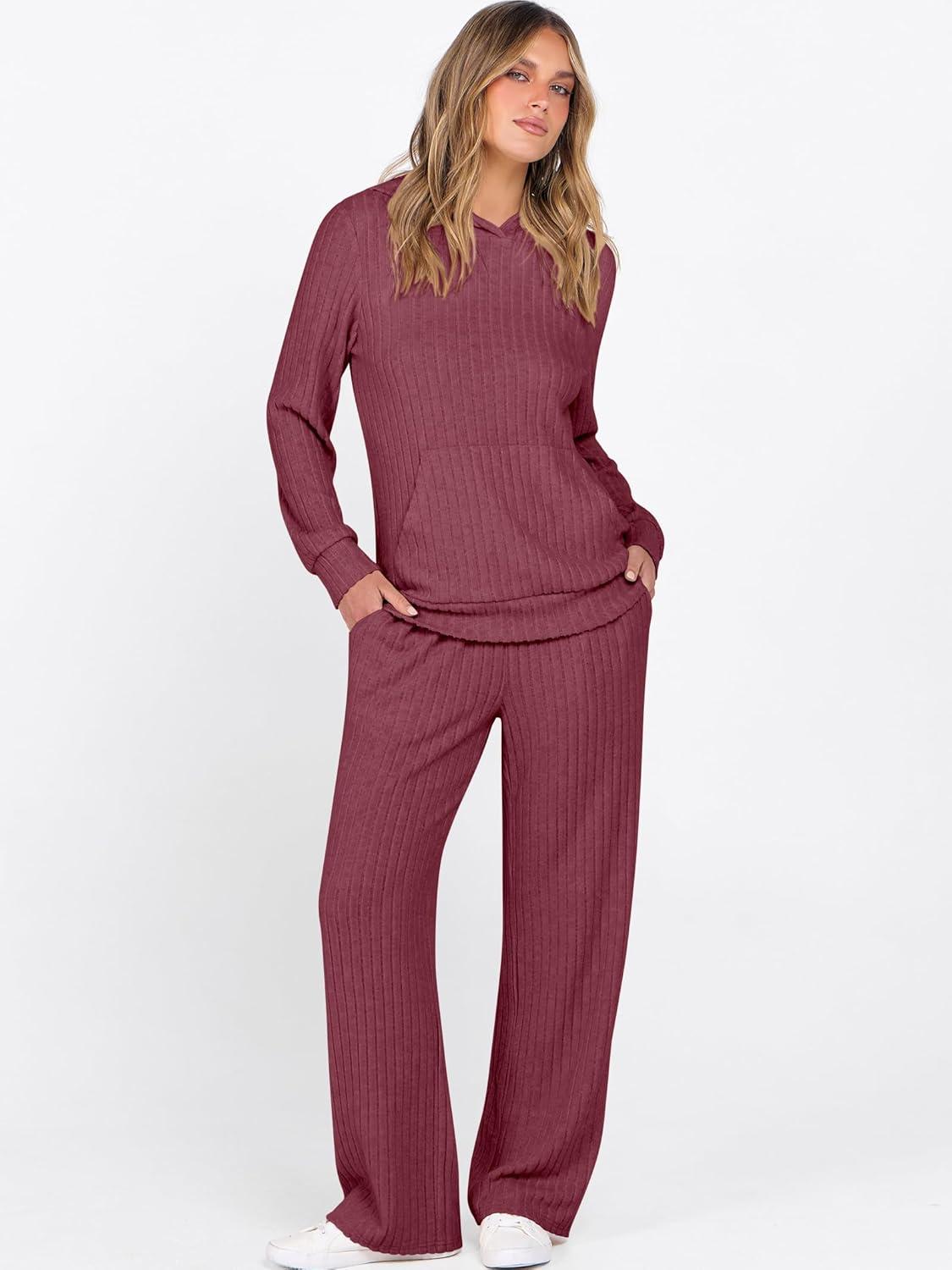 imageANRABESS Womens 2 Piece Lounge Pajama Sets Ribbed Knit Long Sleeve Hoodies Tops Matching Pants Casual Fall Sleepwear OutfitsDark Red