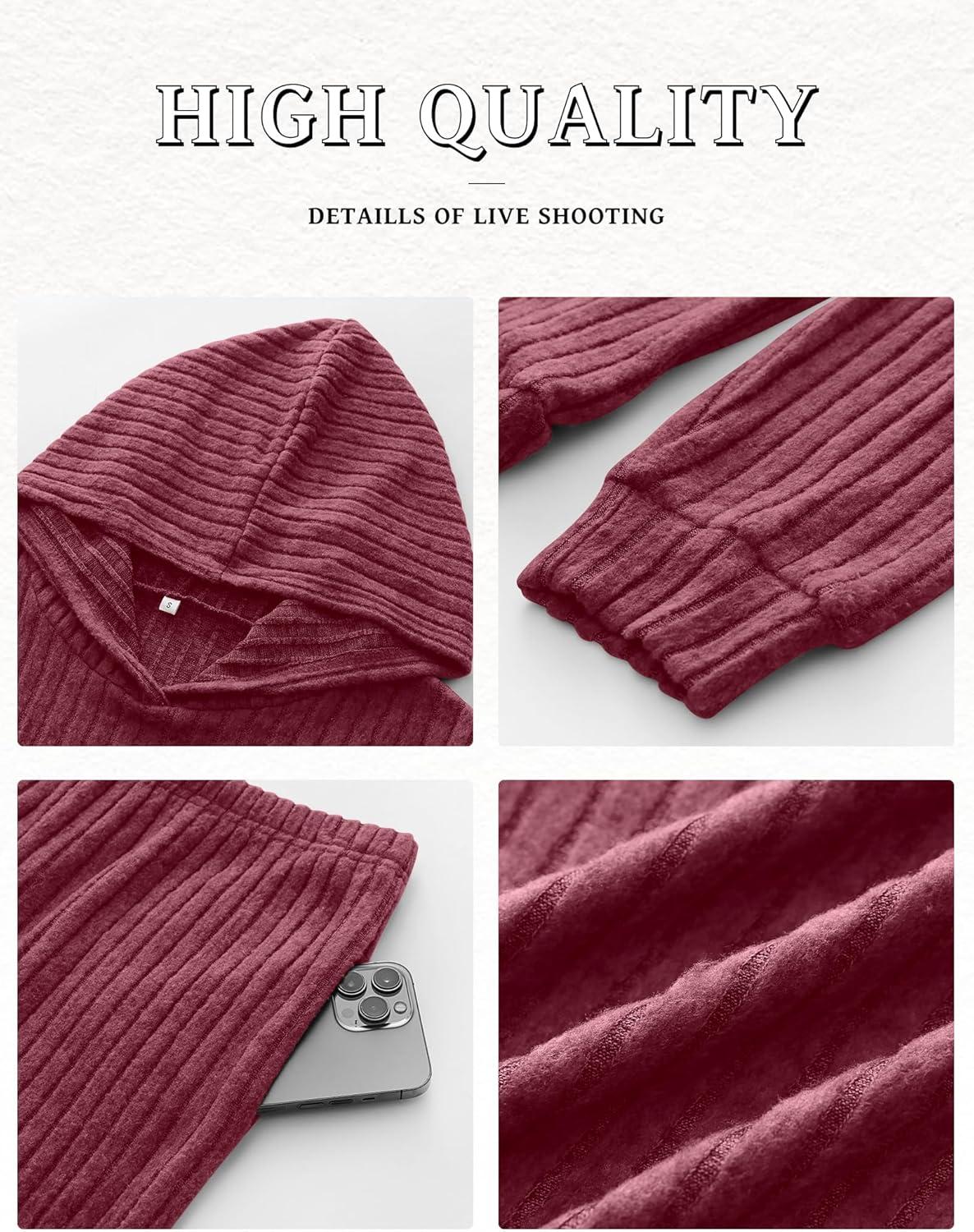 imageANRABESS Womens 2 Piece Lounge Pajama Sets Ribbed Knit Long Sleeve Hoodies Tops Matching Pants Casual Fall Sleepwear OutfitsDark Red