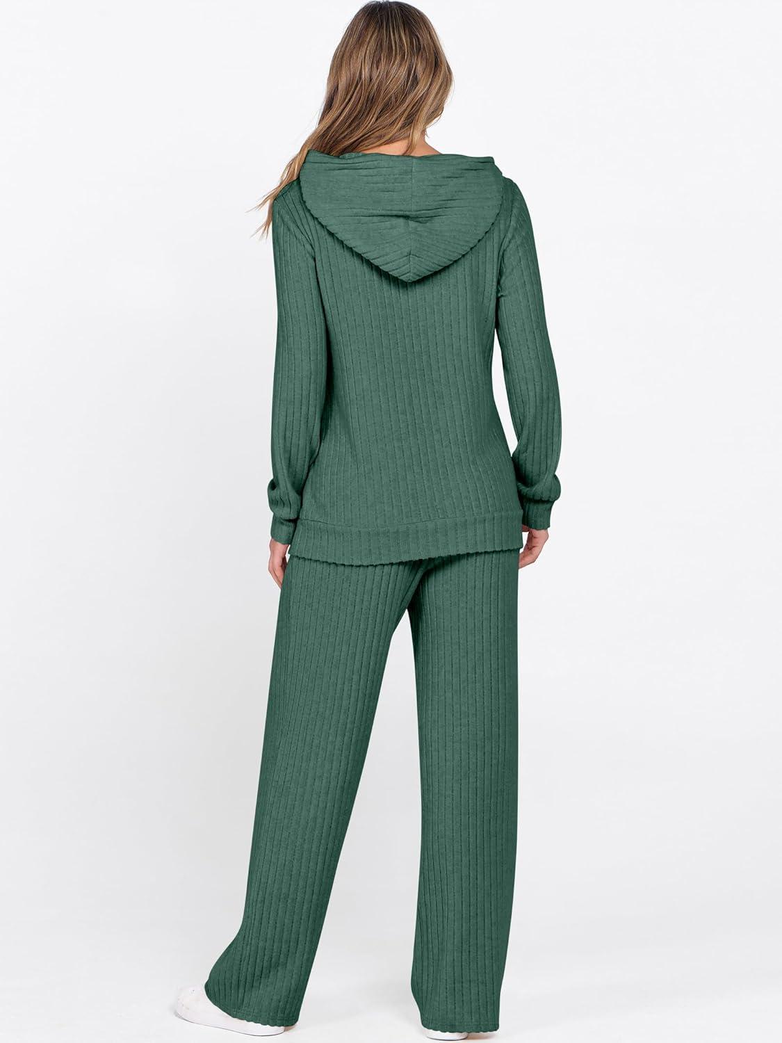 imageANRABESS Womens 2 Piece Lounge Pajama Sets Ribbed Knit Long Sleeve Hoodies Tops Matching Pants Casual Fall Sleepwear OutfitsGreen