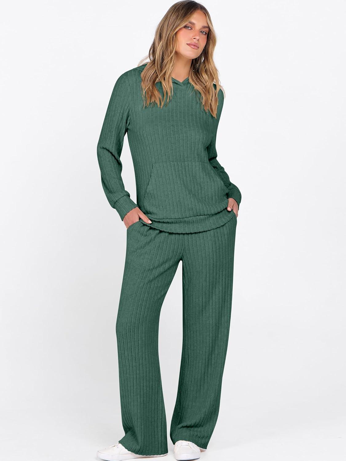imageANRABESS Womens 2 Piece Lounge Pajama Sets Ribbed Knit Long Sleeve Hoodies Tops Matching Pants Casual Fall Sleepwear OutfitsGreen