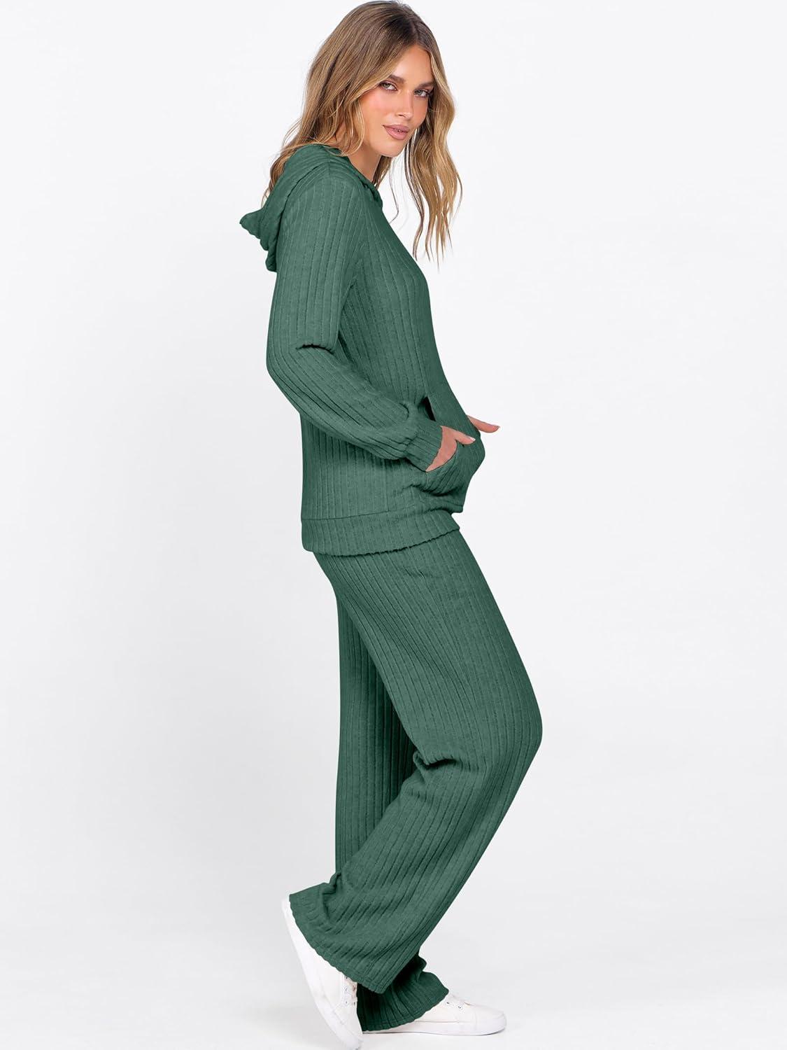 imageANRABESS Womens 2 Piece Lounge Pajama Sets Ribbed Knit Long Sleeve Hoodies Tops Matching Pants Casual Fall Sleepwear OutfitsGreen