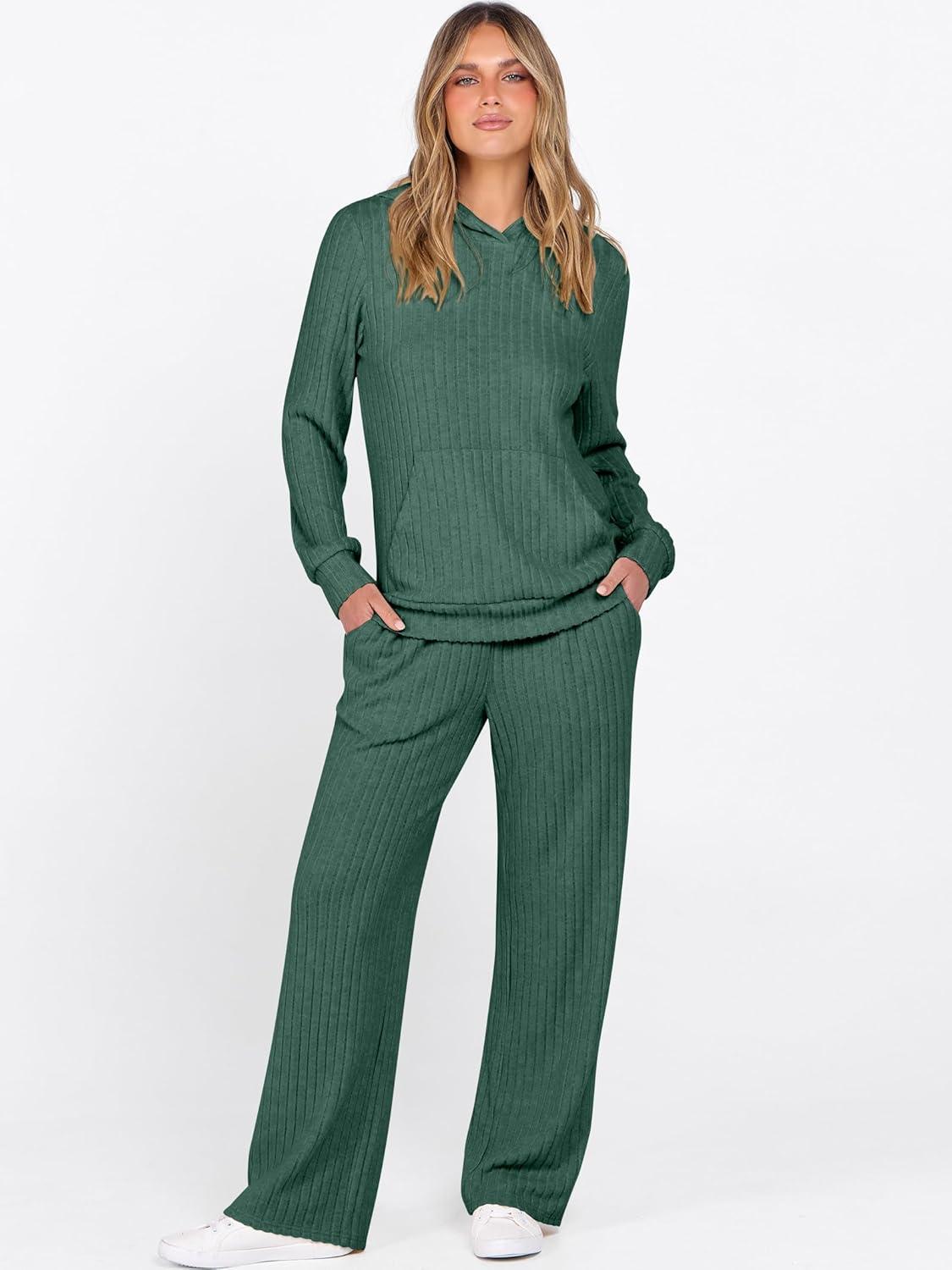 imageANRABESS Womens 2 Piece Lounge Pajama Sets Ribbed Knit Long Sleeve Hoodies Tops Matching Pants Casual Fall Sleepwear OutfitsGreen