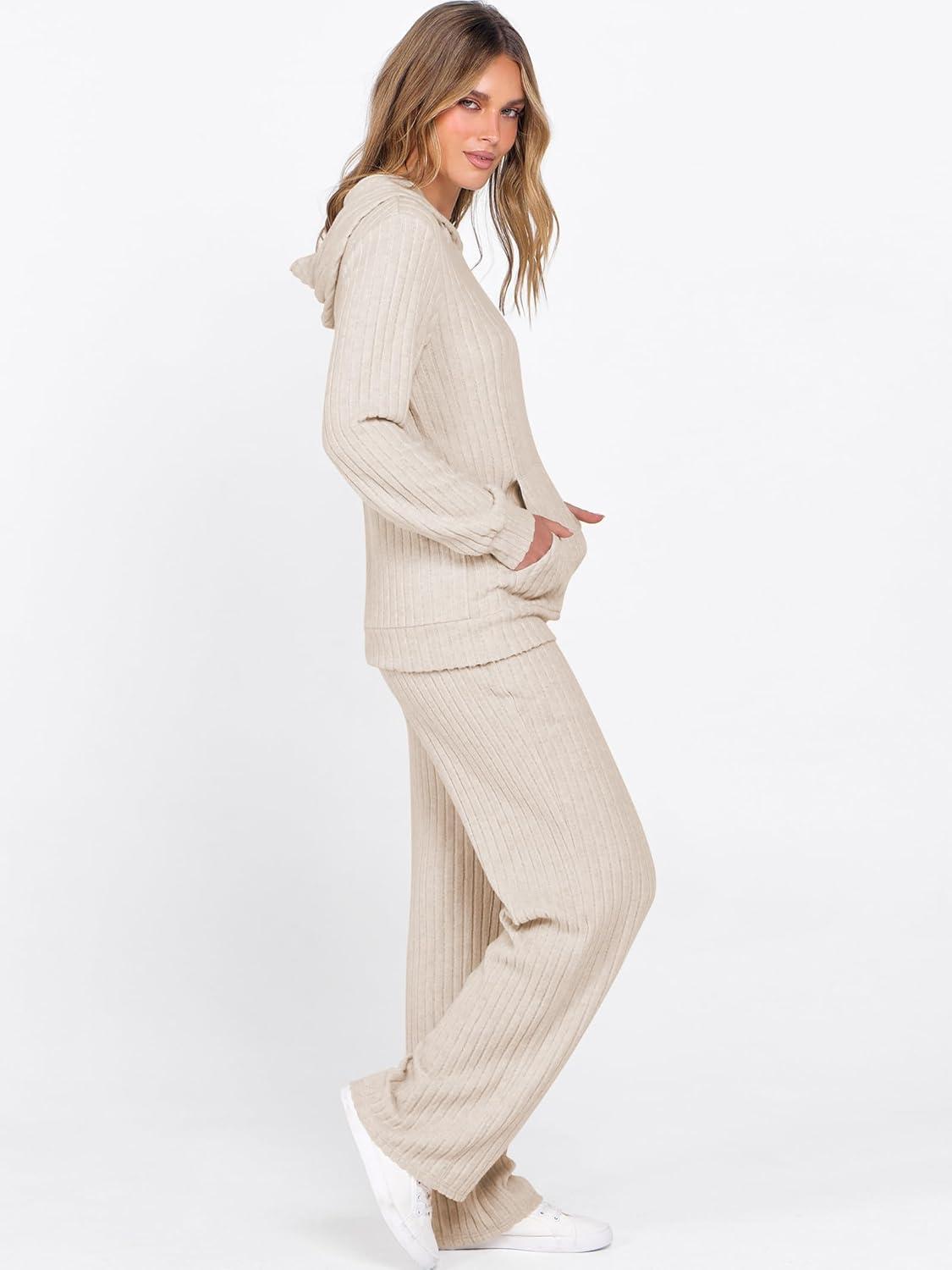 imageANRABESS Womens 2 Piece Lounge Pajama Sets Ribbed Knit Long Sleeve Hoodies Tops Matching Pants Casual Fall Sleepwear OutfitsLight Khaki