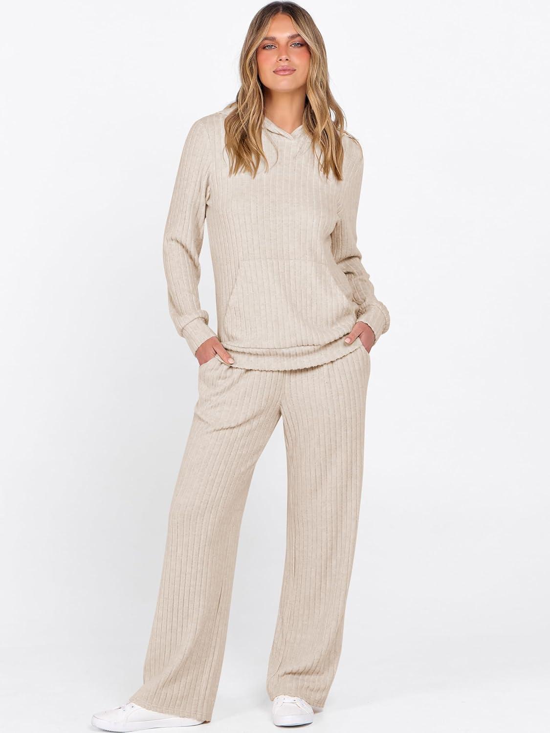 imageANRABESS Womens 2 Piece Lounge Pajama Sets Ribbed Knit Long Sleeve Hoodies Tops Matching Pants Casual Fall Sleepwear OutfitsLight Khaki