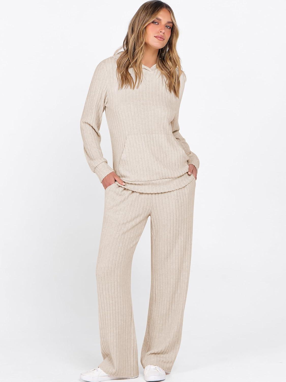 imageANRABESS Womens 2 Piece Lounge Pajama Sets Ribbed Knit Long Sleeve Hoodies Tops Matching Pants Casual Fall Sleepwear OutfitsLight Khaki