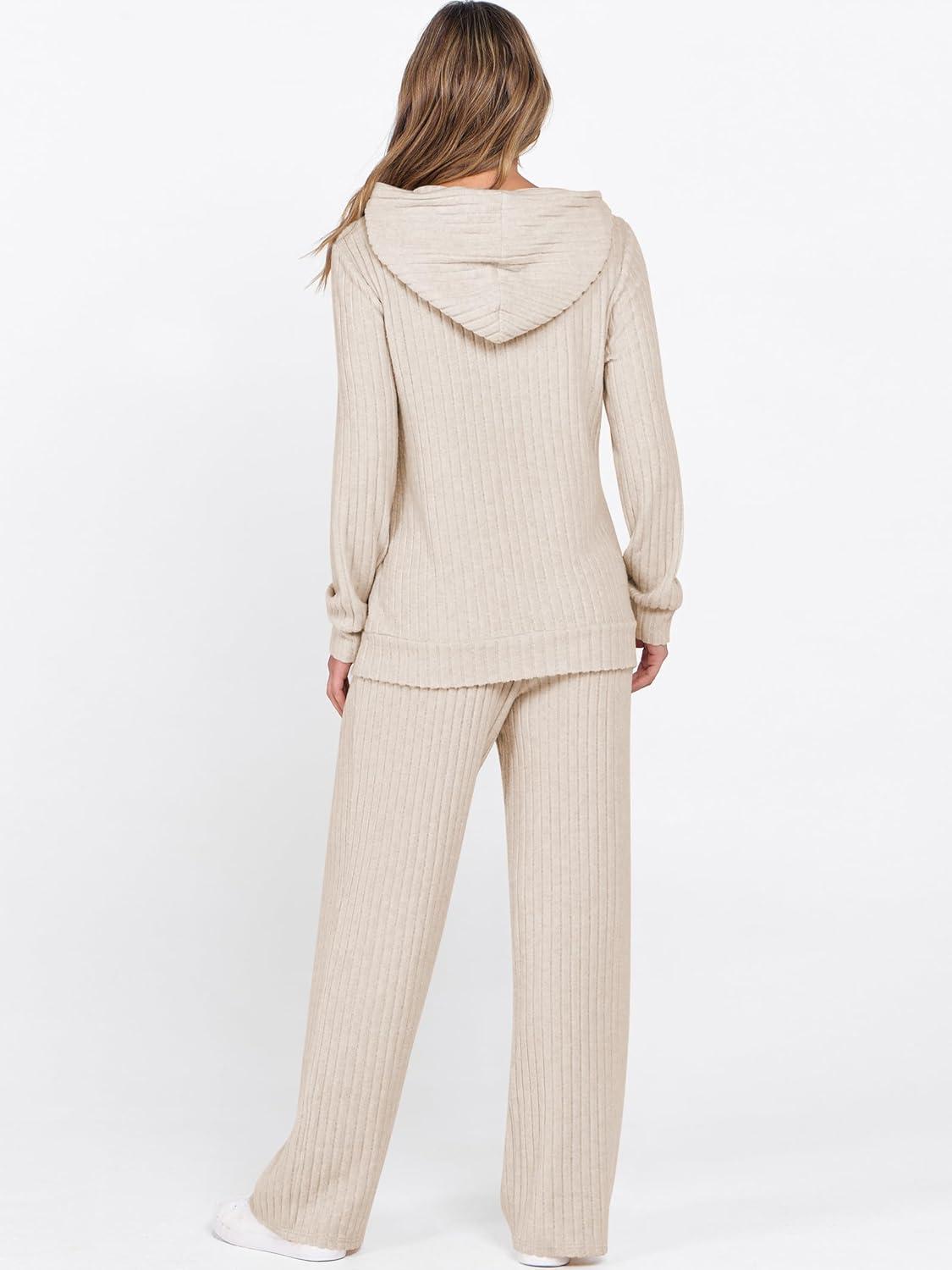 imageANRABESS Womens 2 Piece Lounge Pajama Sets Ribbed Knit Long Sleeve Hoodies Tops Matching Pants Casual Fall Sleepwear OutfitsLight Khaki