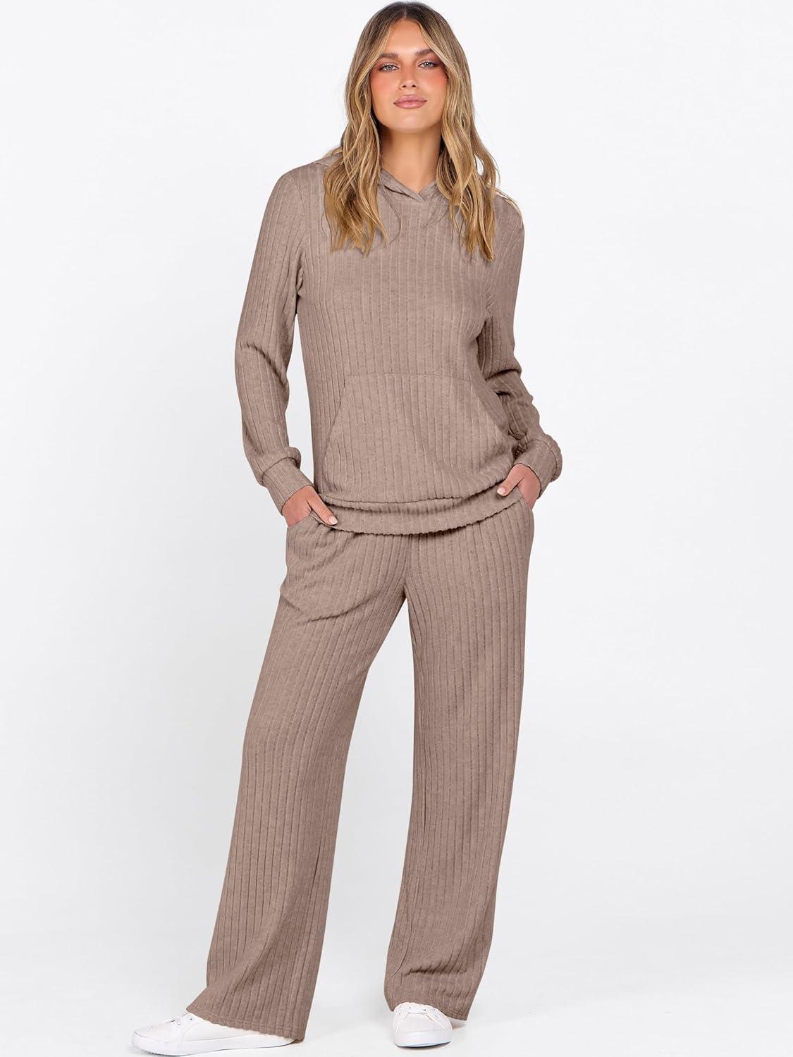 imageANRABESS Womens 2 Piece Lounge Pajama Sets Ribbed Knit Long Sleeve Hoodies Tops Matching Pants Casual Fall Sleepwear OutfitsTan