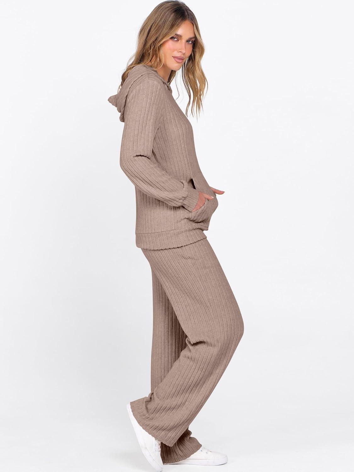 imageANRABESS Womens 2 Piece Lounge Pajama Sets Ribbed Knit Long Sleeve Hoodies Tops Matching Pants Casual Fall Sleepwear OutfitsTan