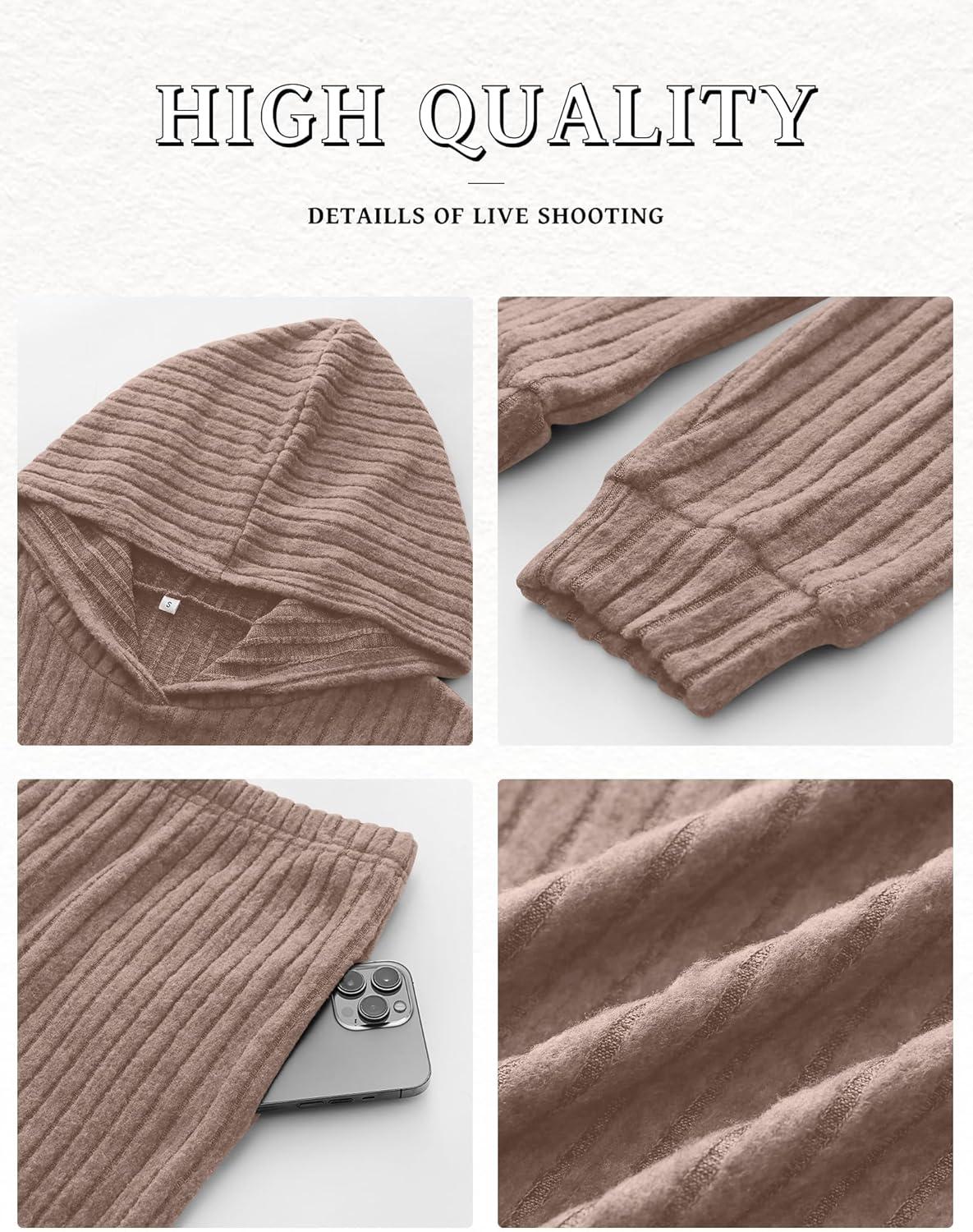 imageANRABESS Womens 2 Piece Lounge Pajama Sets Ribbed Knit Long Sleeve Hoodies Tops Matching Pants Casual Fall Sleepwear OutfitsTan