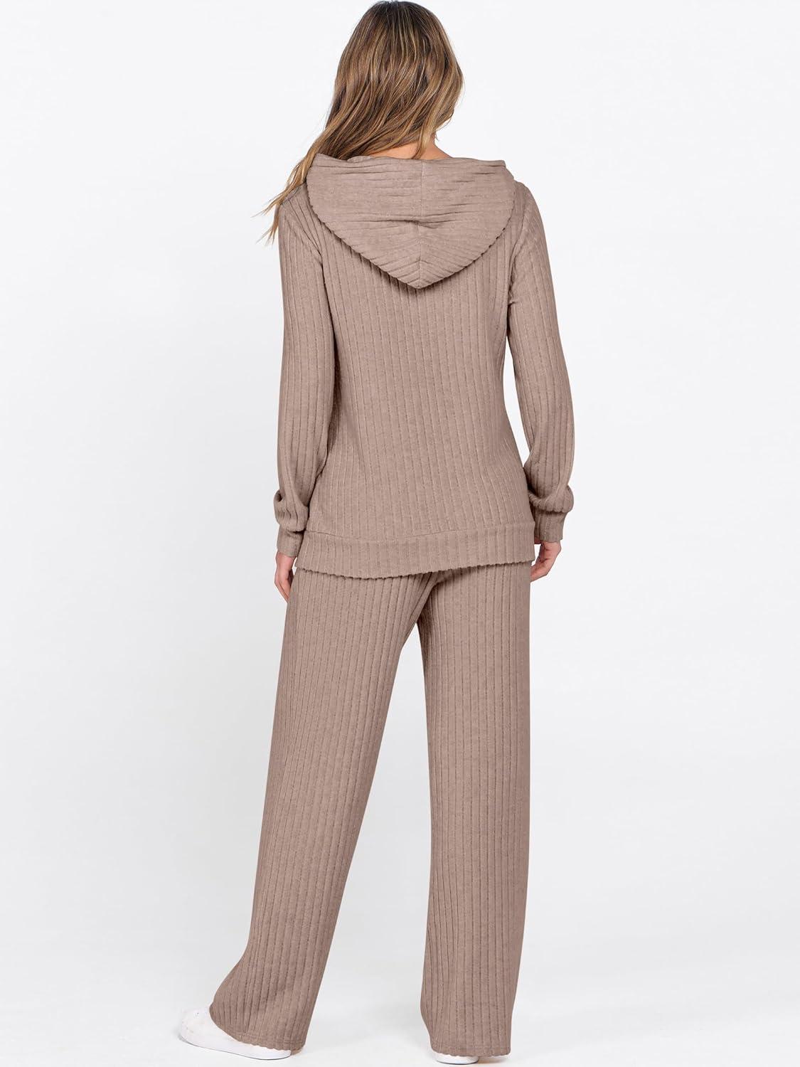 imageANRABESS Womens 2 Piece Lounge Pajama Sets Ribbed Knit Long Sleeve Hoodies Tops Matching Pants Casual Fall Sleepwear OutfitsTan