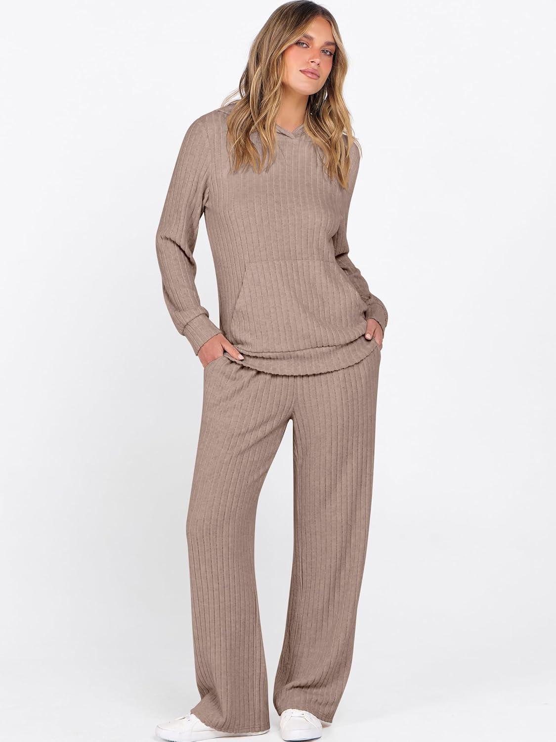 imageANRABESS Womens 2 Piece Lounge Pajama Sets Ribbed Knit Long Sleeve Hoodies Tops Matching Pants Casual Fall Sleepwear OutfitsTan