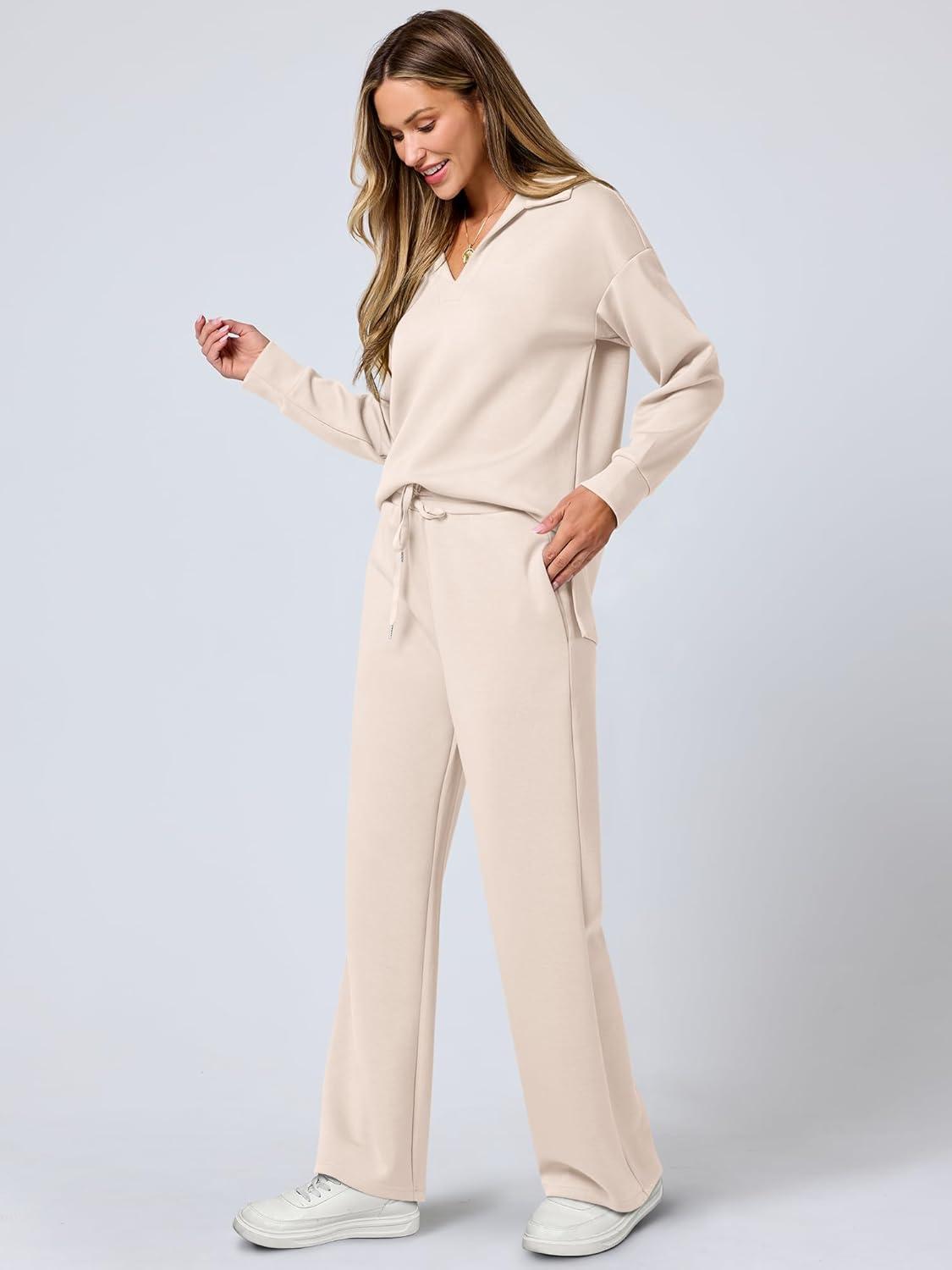 imageANRABESS Womens 2 Piece Outfits Lounge Sets Casual Long Sleeve Sweatsuits Polo Top Wide Leg Pants Fall Sweat Matching SetsApricot