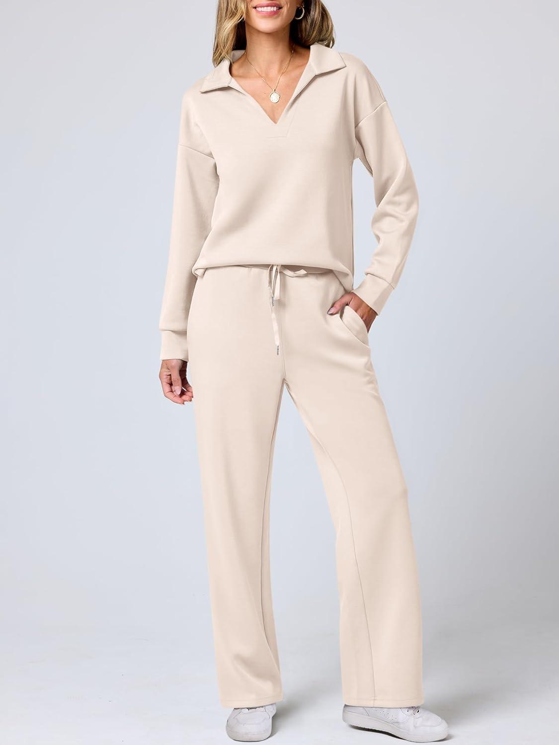 imageANRABESS Womens 2 Piece Outfits Lounge Sets Casual Long Sleeve Sweatsuits Polo Top Wide Leg Pants Fall Sweat Matching SetsApricot