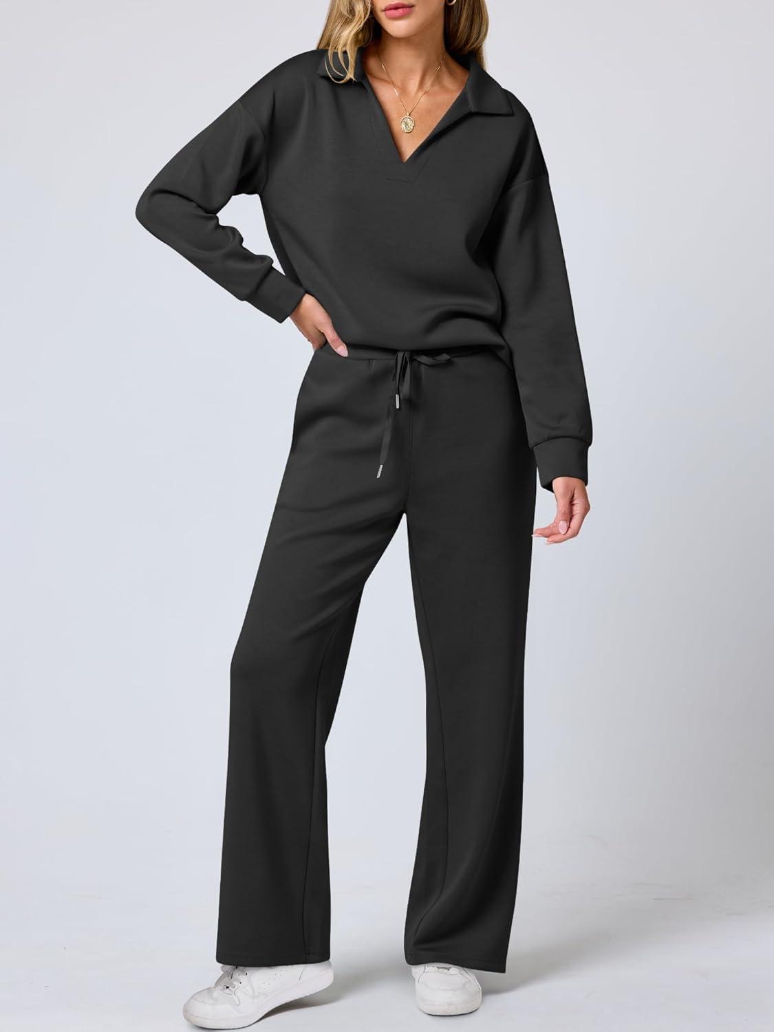 imageANRABESS Womens 2 Piece Outfits Lounge Sets Casual Long Sleeve Sweatsuits Polo Top Wide Leg Pants Fall Sweat Matching SetsBlack