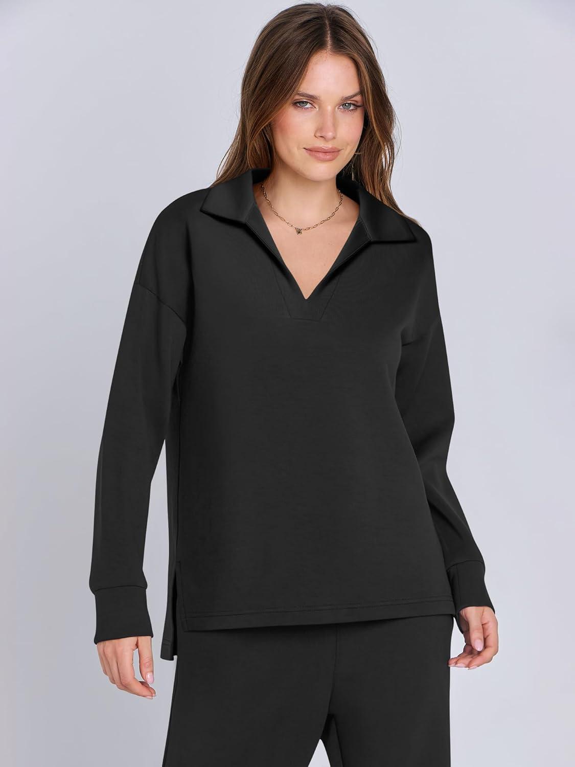 imageANRABESS Womens 2 Piece Outfits Lounge Sets Casual Long Sleeve Sweatsuits Polo Top Wide Leg Pants Fall Sweat Matching SetsBlack