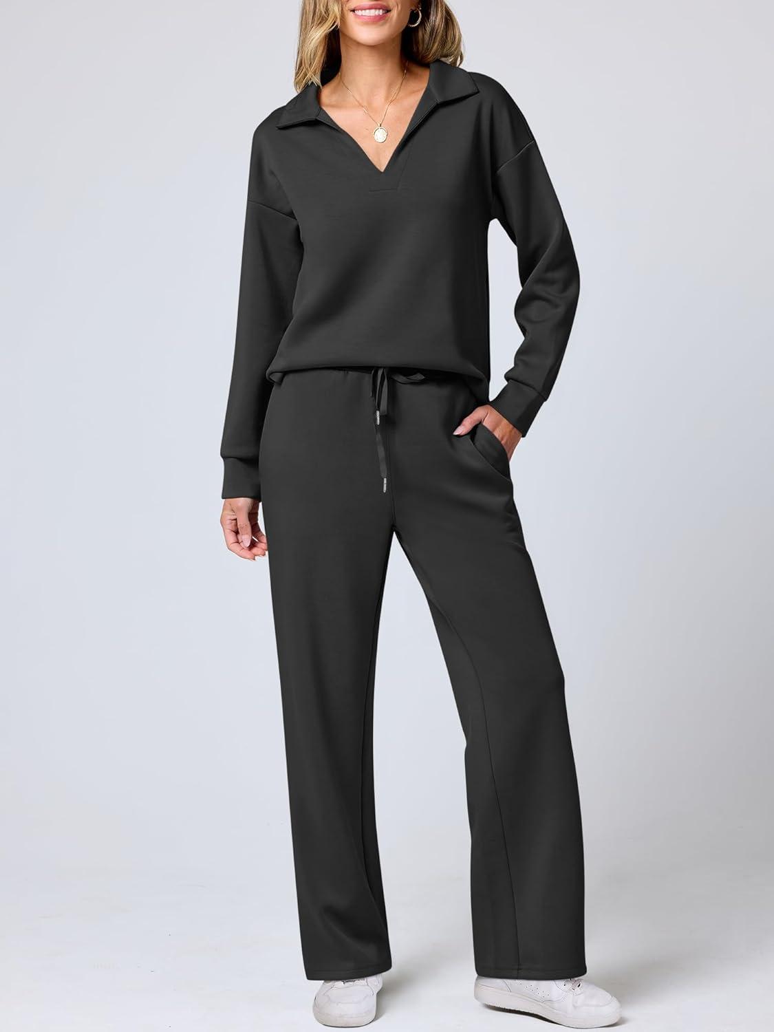 imageANRABESS Womens 2 Piece Outfits Lounge Sets Casual Long Sleeve Sweatsuits Polo Top Wide Leg Pants Fall Sweat Matching SetsBlack