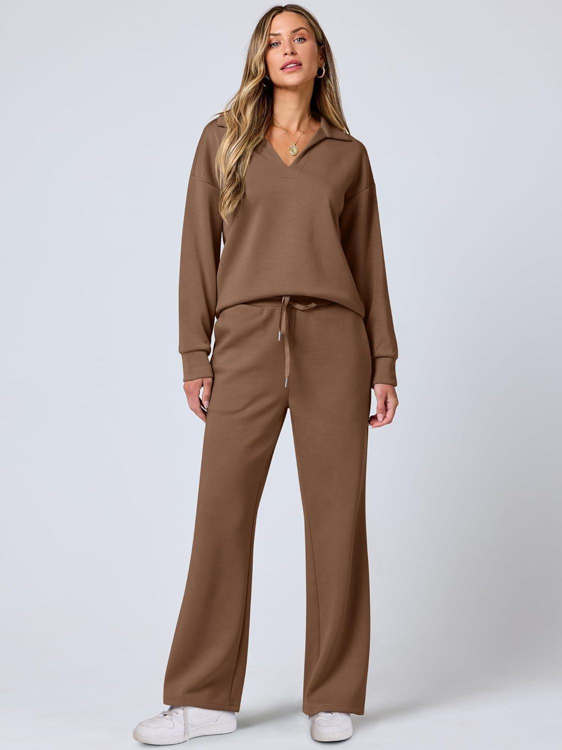 imageANRABESS Womens 2 Piece Outfits Lounge Sets Casual Long Sleeve Sweatsuits Polo Top Wide Leg Pants Fall Sweat Matching SetsCamel