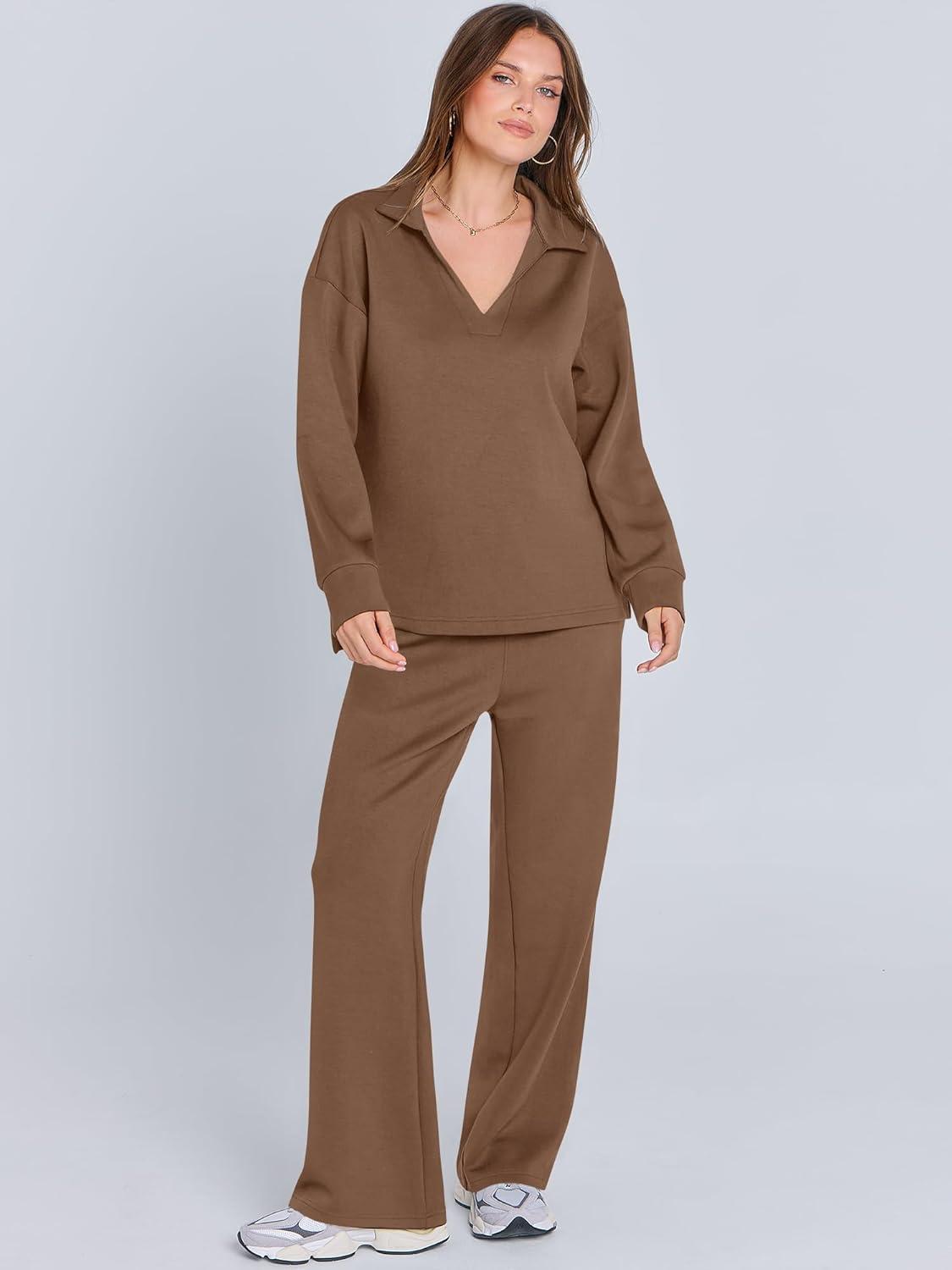 imageANRABESS Womens 2 Piece Outfits Lounge Sets Casual Long Sleeve Sweatsuits Polo Top Wide Leg Pants Fall Sweat Matching SetsCamel