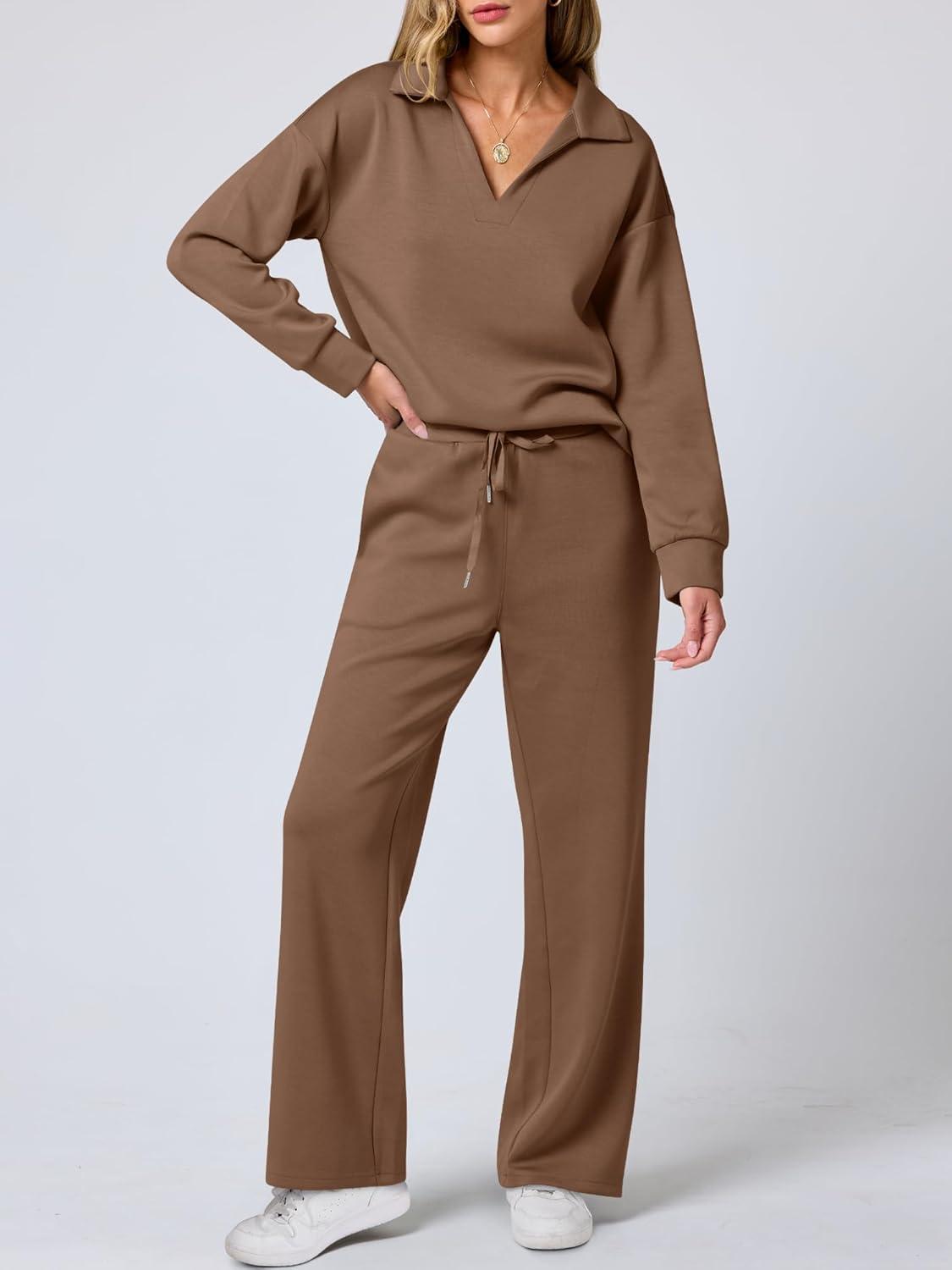 imageANRABESS Womens 2 Piece Outfits Lounge Sets Casual Long Sleeve Sweatsuits Polo Top Wide Leg Pants Fall Sweat Matching SetsCamel