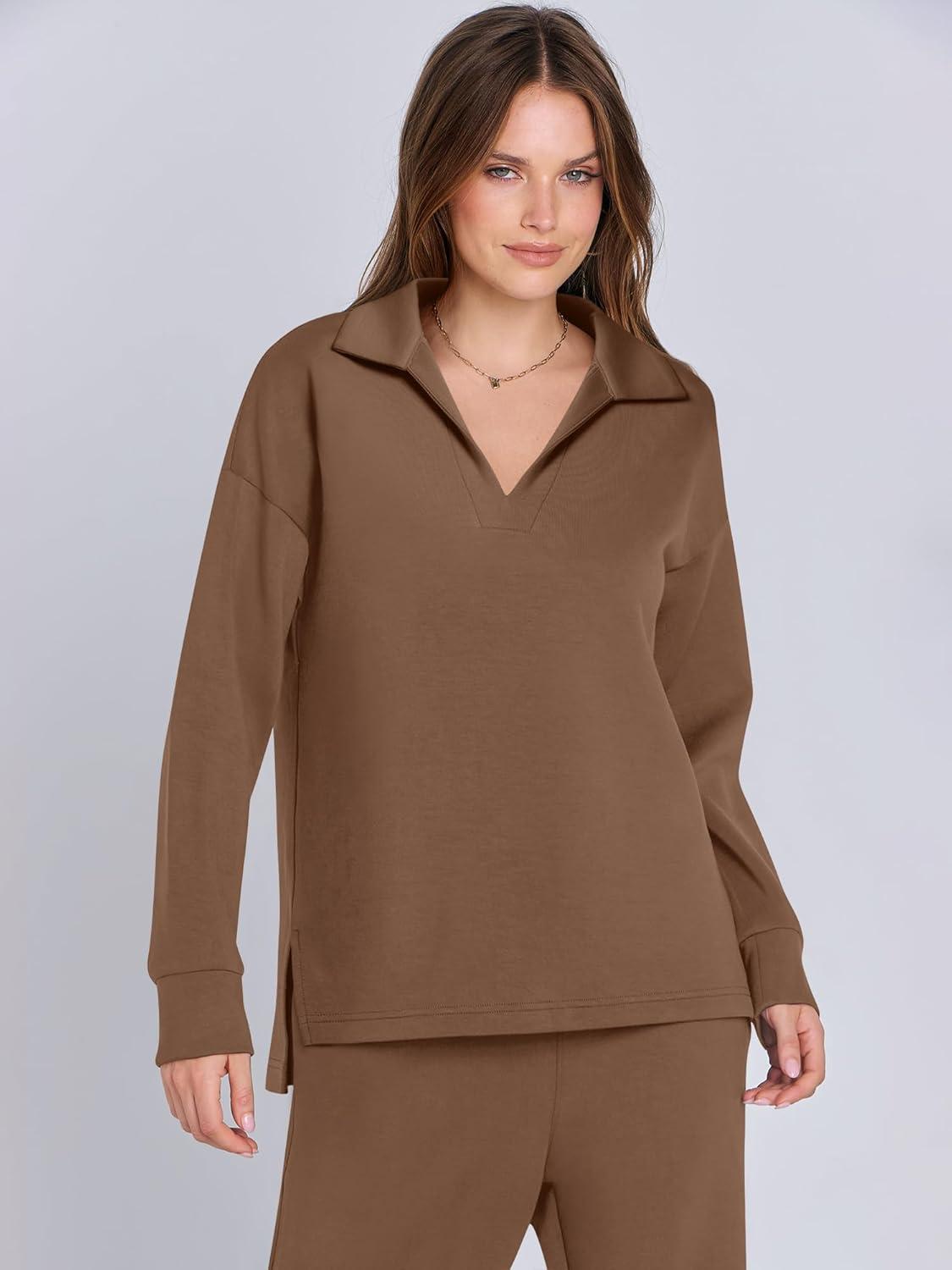 imageANRABESS Womens 2 Piece Outfits Lounge Sets Casual Long Sleeve Sweatsuits Polo Top Wide Leg Pants Fall Sweat Matching SetsCamel