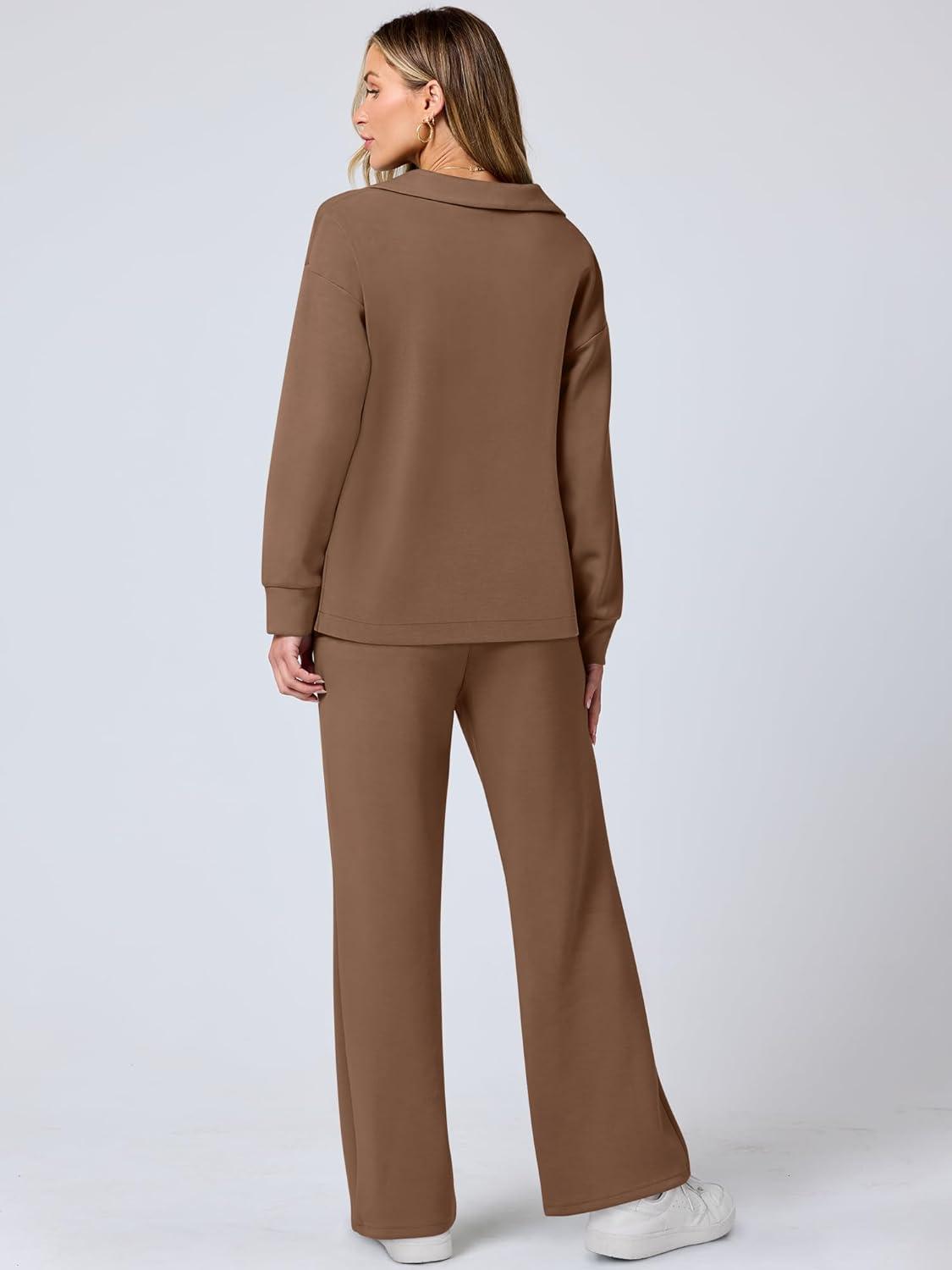 imageANRABESS Womens 2 Piece Outfits Lounge Sets Casual Long Sleeve Sweatsuits Polo Top Wide Leg Pants Fall Sweat Matching SetsCamel