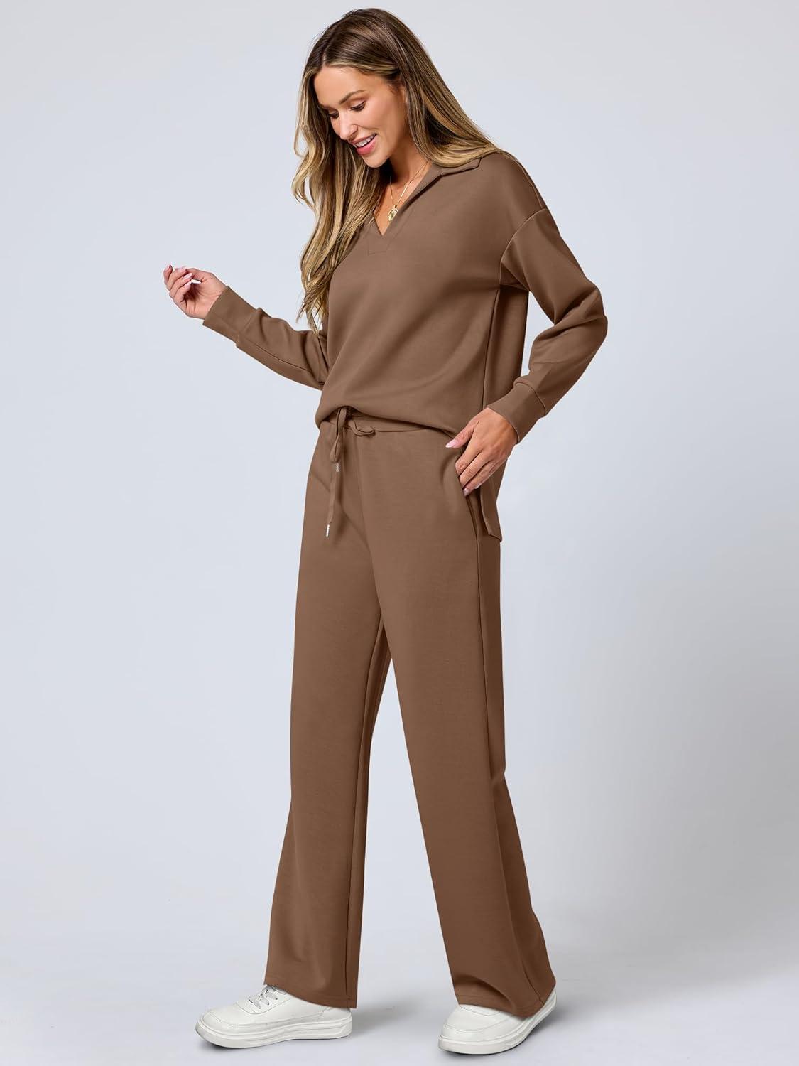 imageANRABESS Womens 2 Piece Outfits Lounge Sets Casual Long Sleeve Sweatsuits Polo Top Wide Leg Pants Fall Sweat Matching SetsCamel