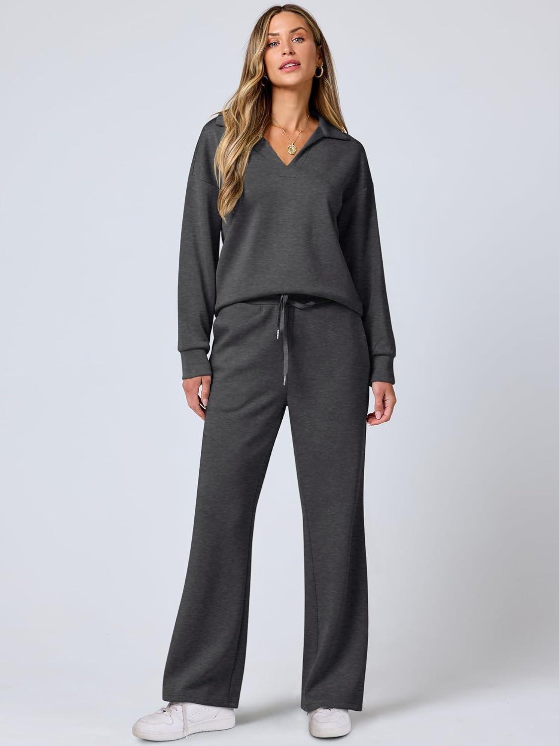 imageANRABESS Womens 2 Piece Outfits Lounge Sets Casual Long Sleeve Sweatsuits Polo Top Wide Leg Pants Fall Sweat Matching SetsDark Grey