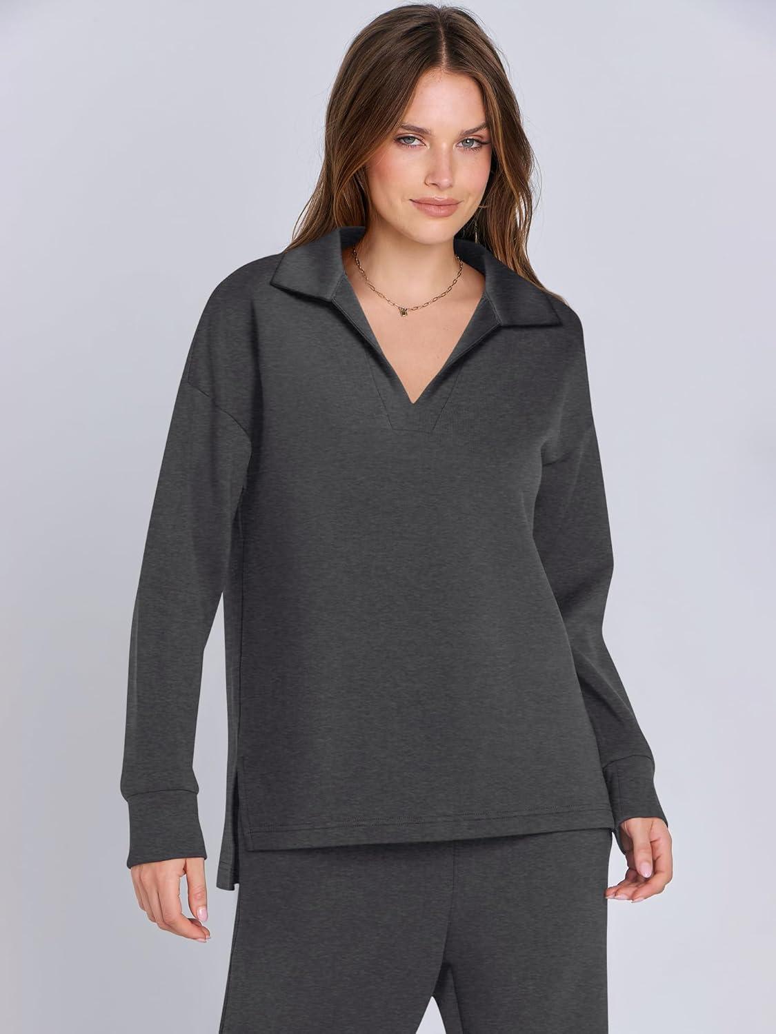 imageANRABESS Womens 2 Piece Outfits Lounge Sets Casual Long Sleeve Sweatsuits Polo Top Wide Leg Pants Fall Sweat Matching SetsDark Grey