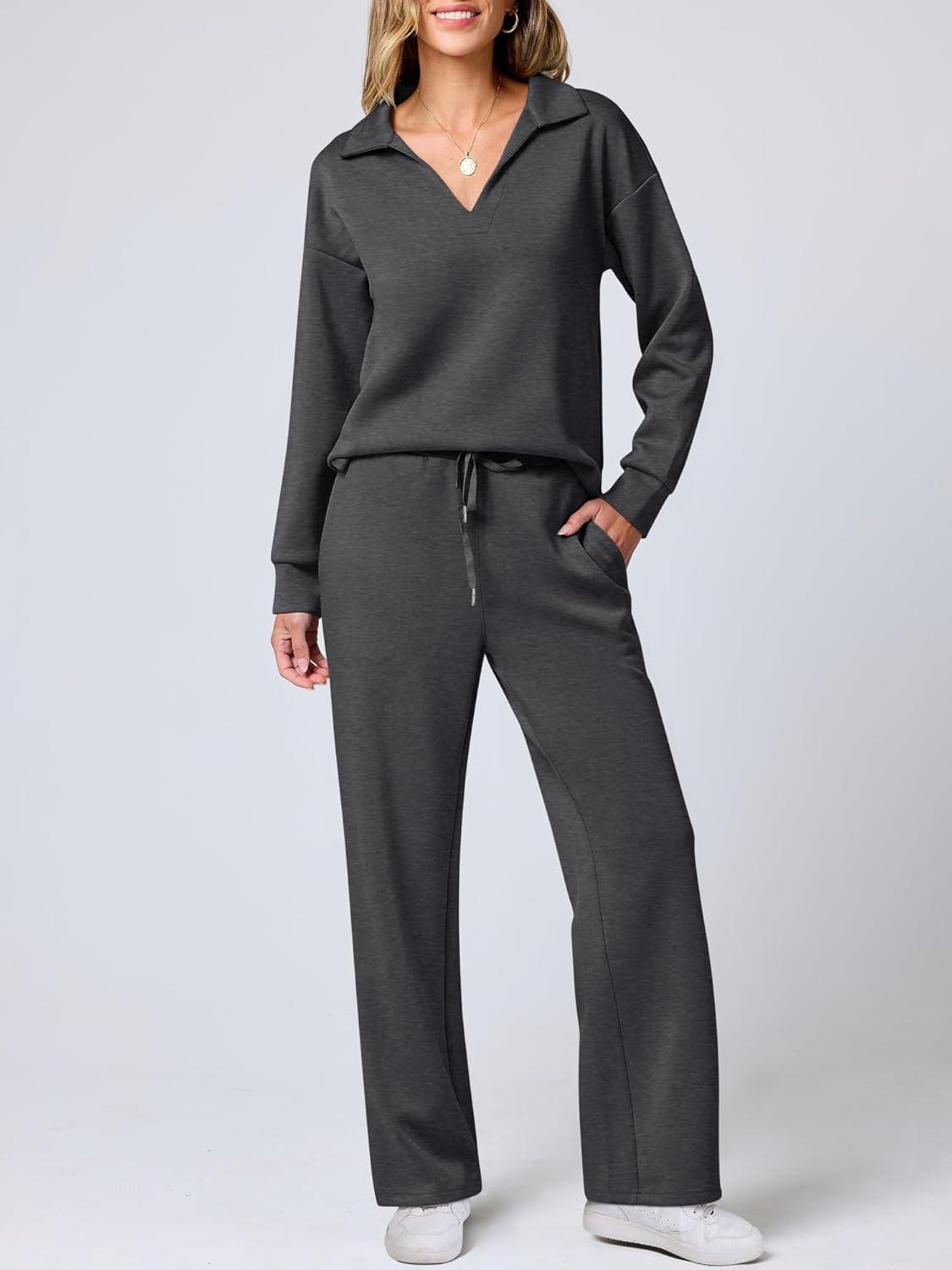 imageANRABESS Womens 2 Piece Outfits Lounge Sets Casual Long Sleeve Sweatsuits Polo Top Wide Leg Pants Fall Sweat Matching SetsDark Grey