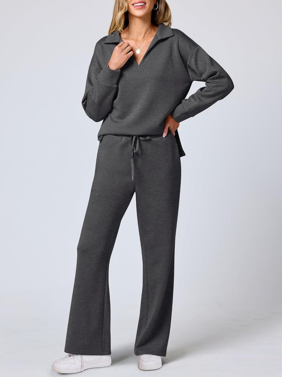 imageANRABESS Womens 2 Piece Outfits Lounge Sets Casual Long Sleeve Sweatsuits Polo Top Wide Leg Pants Fall Sweat Matching SetsDark Grey