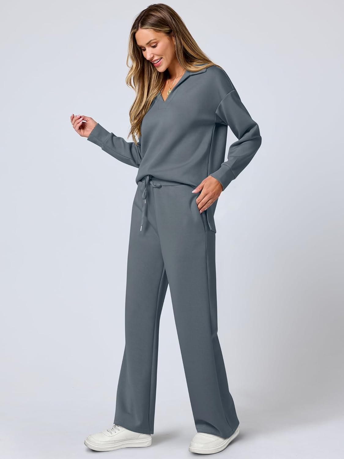 imageANRABESS Womens 2 Piece Outfits Lounge Sets Casual Long Sleeve Sweatsuits Polo Top Wide Leg Pants Fall Sweat Matching SetsLeaden