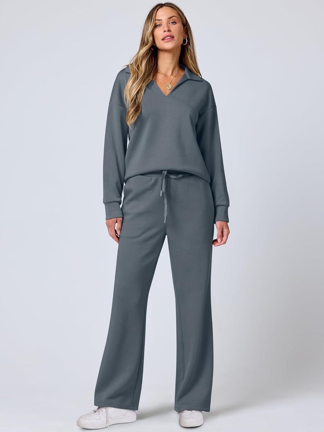 imageANRABESS Womens 2 Piece Outfits Lounge Sets Casual Long Sleeve Sweatsuits Polo Top Wide Leg Pants Fall Sweat Matching SetsLeaden