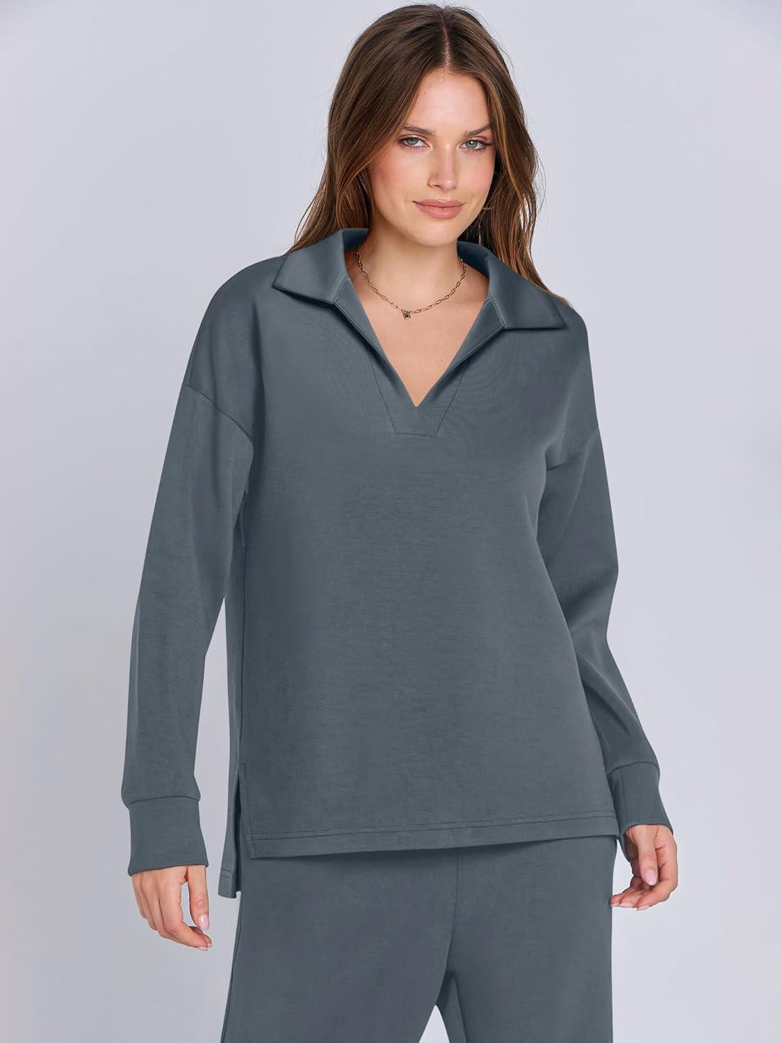 imageANRABESS Womens 2 Piece Outfits Lounge Sets Casual Long Sleeve Sweatsuits Polo Top Wide Leg Pants Fall Sweat Matching SetsLeaden