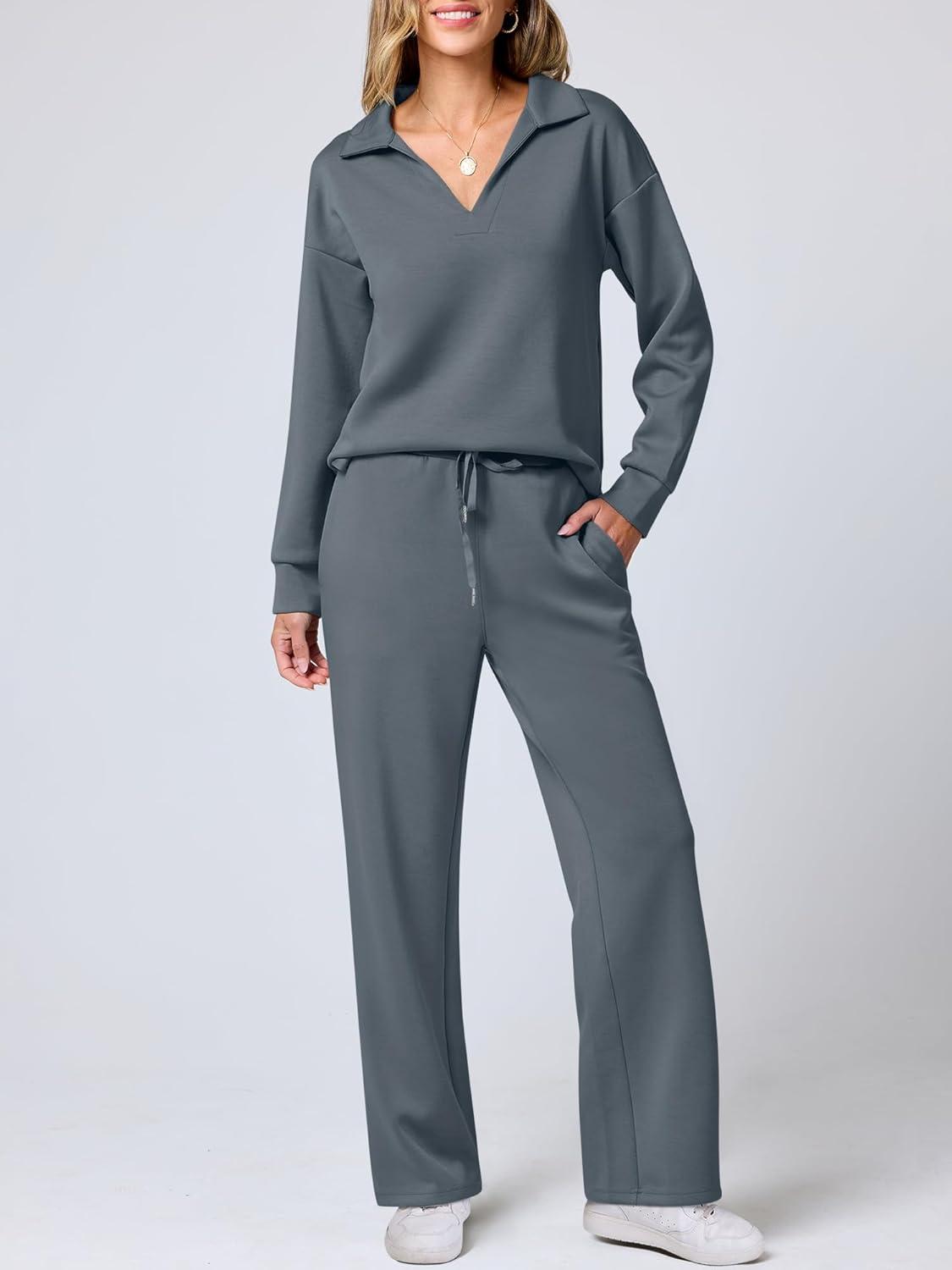 imageANRABESS Womens 2 Piece Outfits Lounge Sets Casual Long Sleeve Sweatsuits Polo Top Wide Leg Pants Fall Sweat Matching SetsLeaden