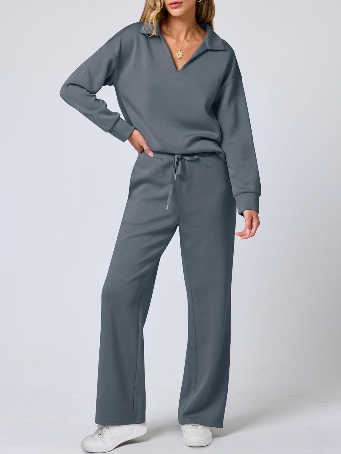 imageANRABESS Womens 2 Piece Outfits Lounge Sets Casual Long Sleeve Sweatsuits Polo Top Wide Leg Pants Fall Sweat Matching SetsLeaden