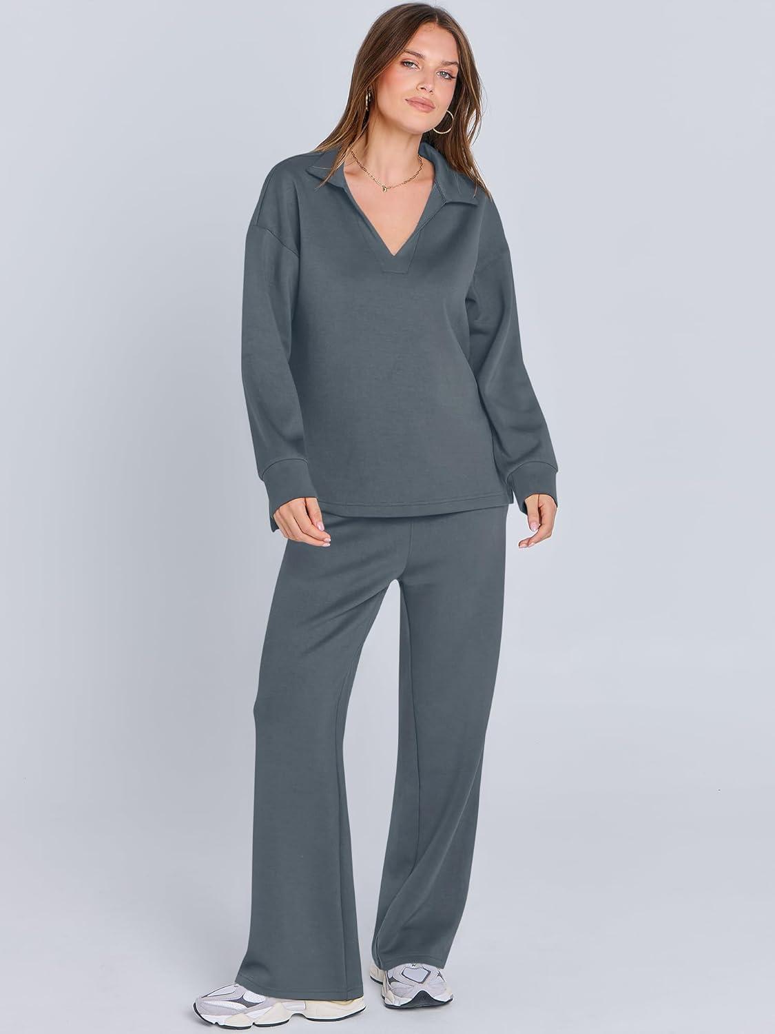 imageANRABESS Womens 2 Piece Outfits Lounge Sets Casual Long Sleeve Sweatsuits Polo Top Wide Leg Pants Fall Sweat Matching SetsLeaden