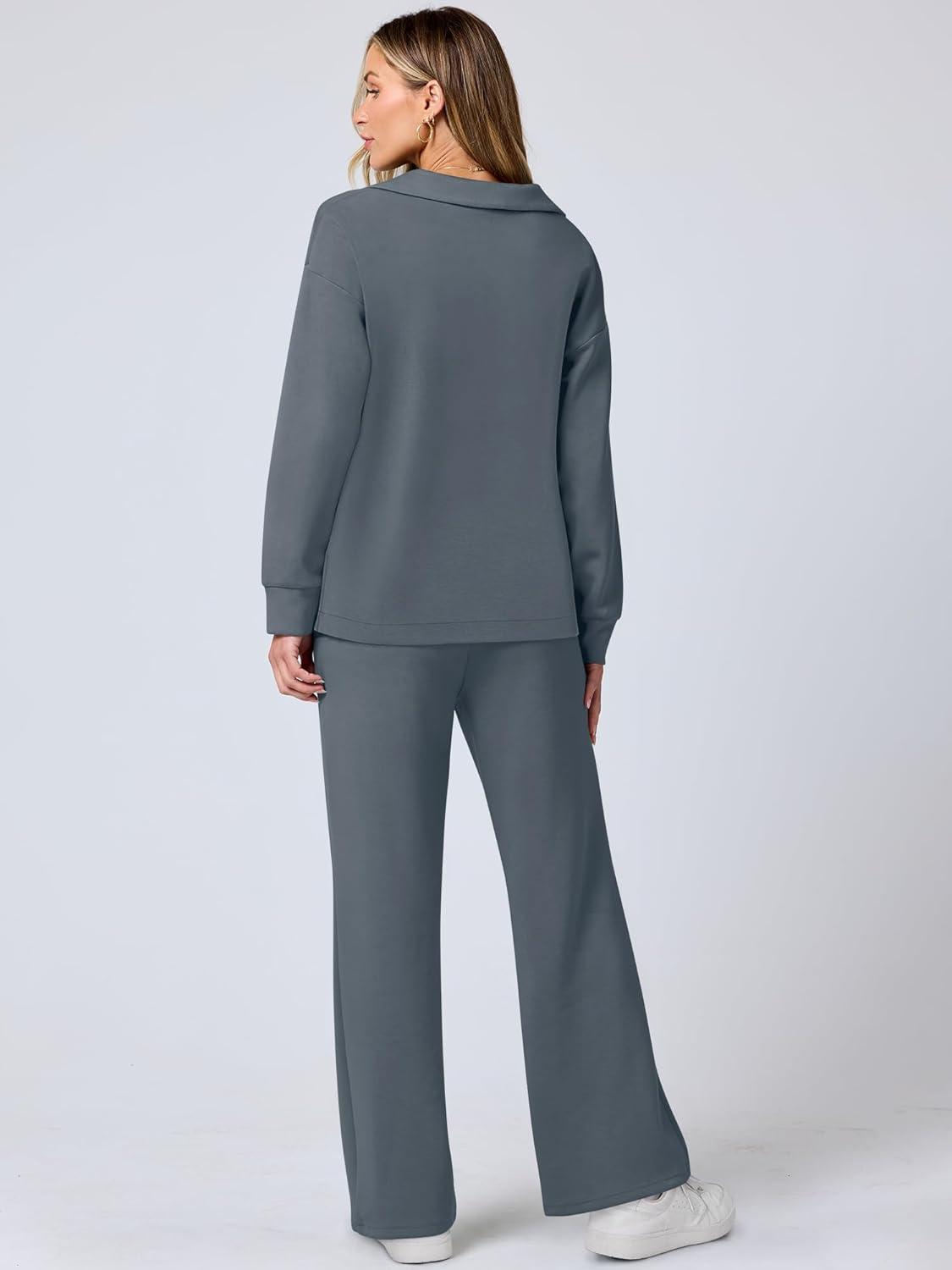 imageANRABESS Womens 2 Piece Outfits Lounge Sets Casual Long Sleeve Sweatsuits Polo Top Wide Leg Pants Fall Sweat Matching SetsLeaden