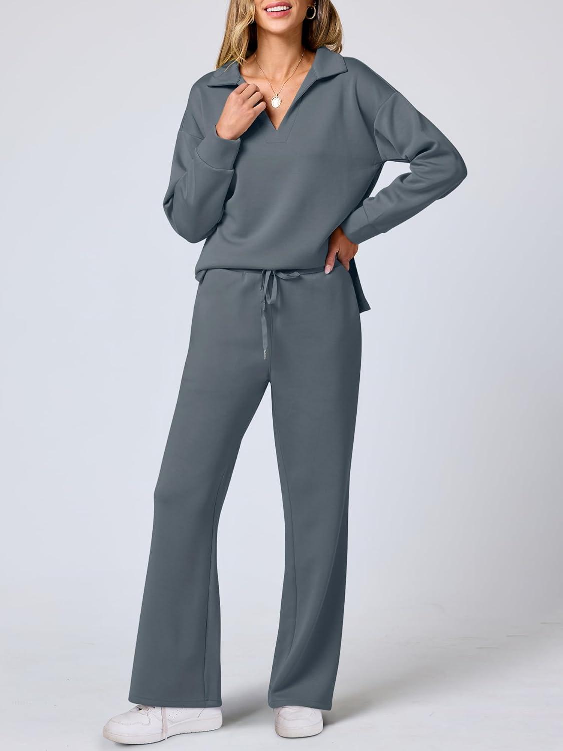 imageANRABESS Womens 2 Piece Outfits Lounge Sets Casual Long Sleeve Sweatsuits Polo Top Wide Leg Pants Fall Sweat Matching SetsLeaden