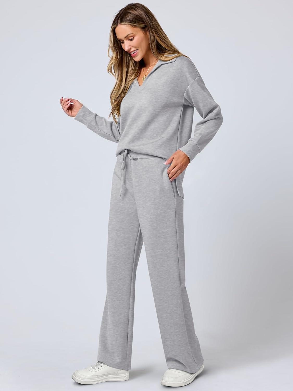 imageANRABESS Womens 2 Piece Outfits Lounge Sets Casual Long Sleeve Sweatsuits Polo Top Wide Leg Pants Fall Sweat Matching SetsLight Grey