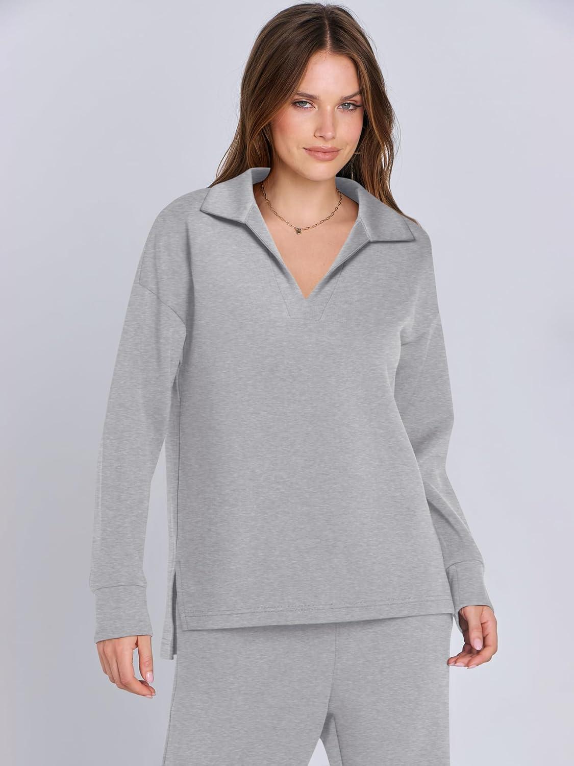 imageANRABESS Womens 2 Piece Outfits Lounge Sets Casual Long Sleeve Sweatsuits Polo Top Wide Leg Pants Fall Sweat Matching SetsLight Grey