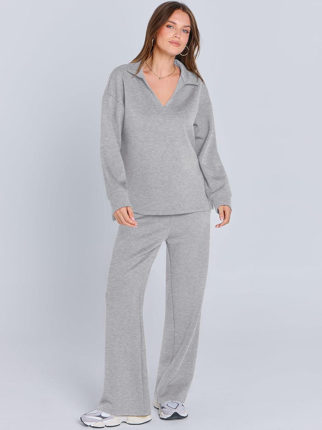 imageANRABESS Womens 2 Piece Outfits Lounge Sets Casual Long Sleeve Sweatsuits Polo Top Wide Leg Pants Fall Sweat Matching SetsLight Grey