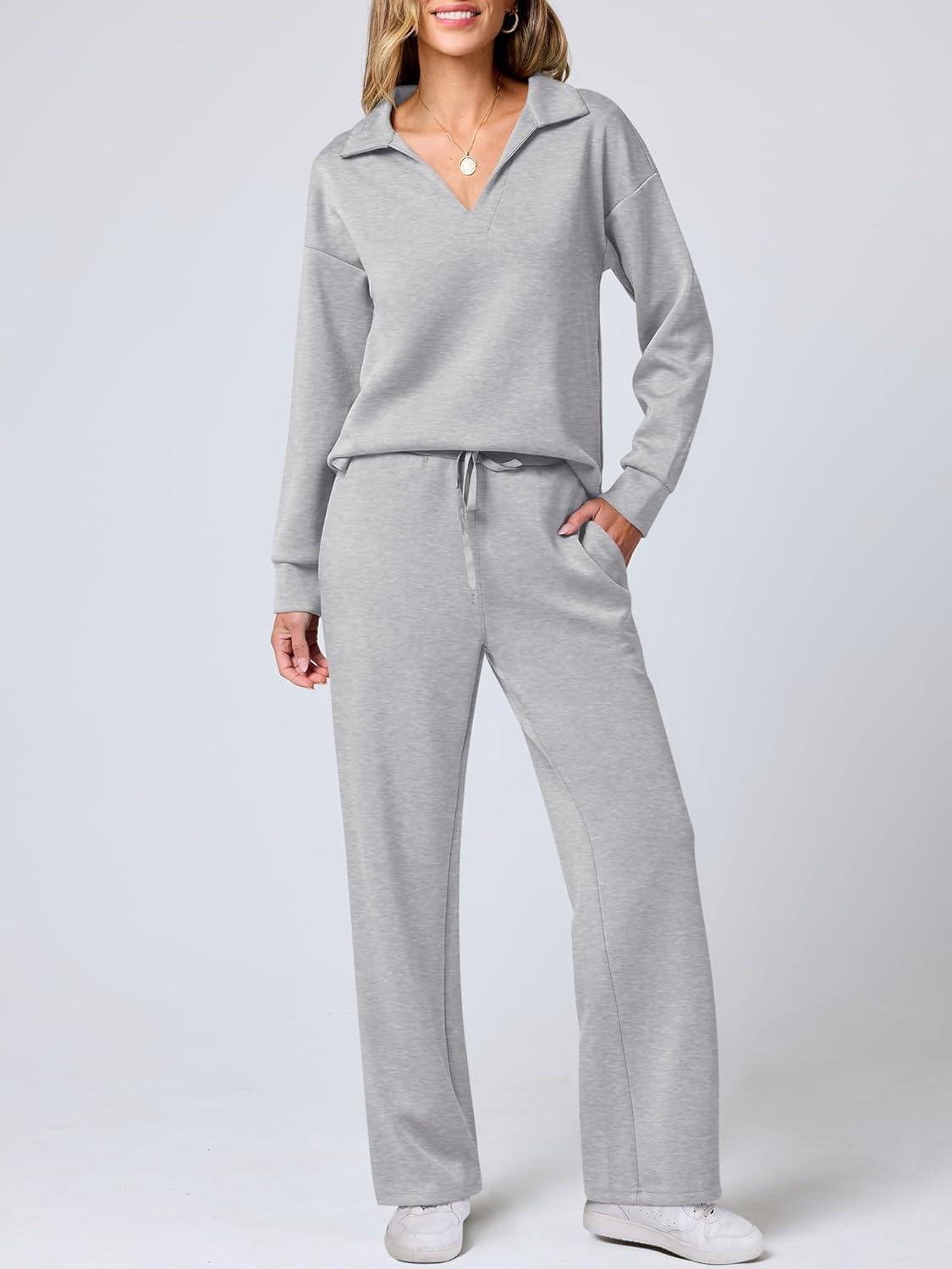 imageANRABESS Womens 2 Piece Outfits Lounge Sets Casual Long Sleeve Sweatsuits Polo Top Wide Leg Pants Fall Sweat Matching SetsLight Grey