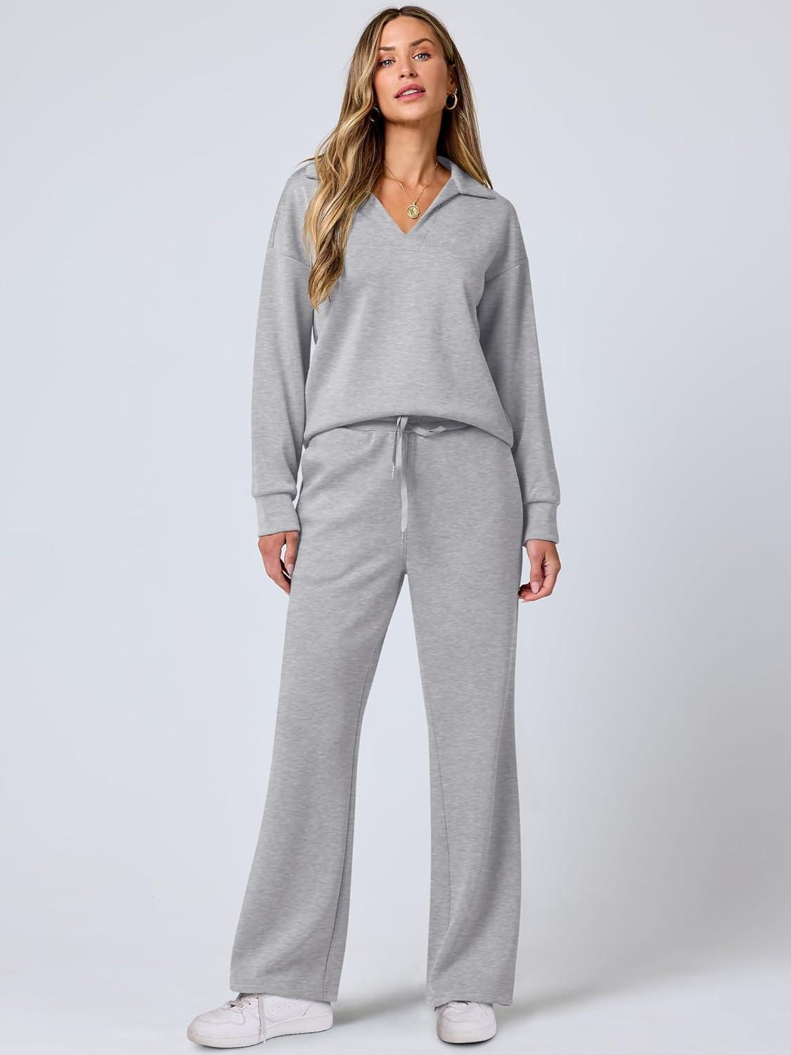 imageANRABESS Womens 2 Piece Outfits Lounge Sets Casual Long Sleeve Sweatsuits Polo Top Wide Leg Pants Fall Sweat Matching SetsLight Grey