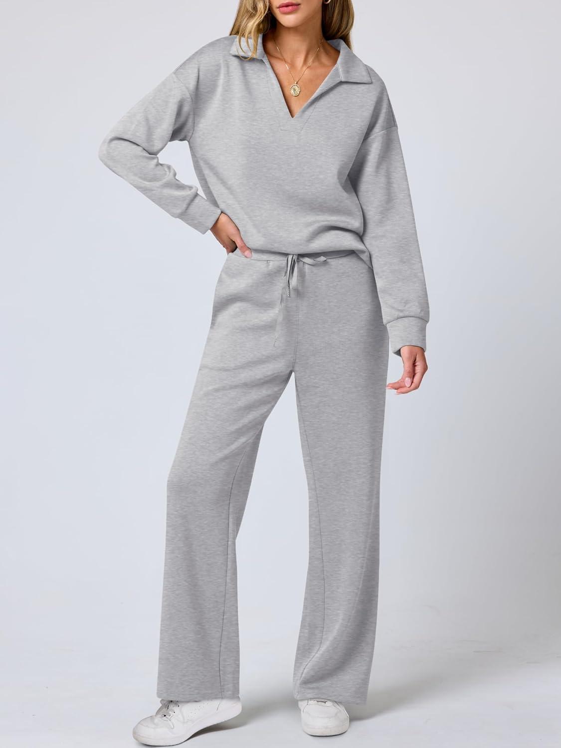 imageANRABESS Womens 2 Piece Outfits Lounge Sets Casual Long Sleeve Sweatsuits Polo Top Wide Leg Pants Fall Sweat Matching SetsLight Grey