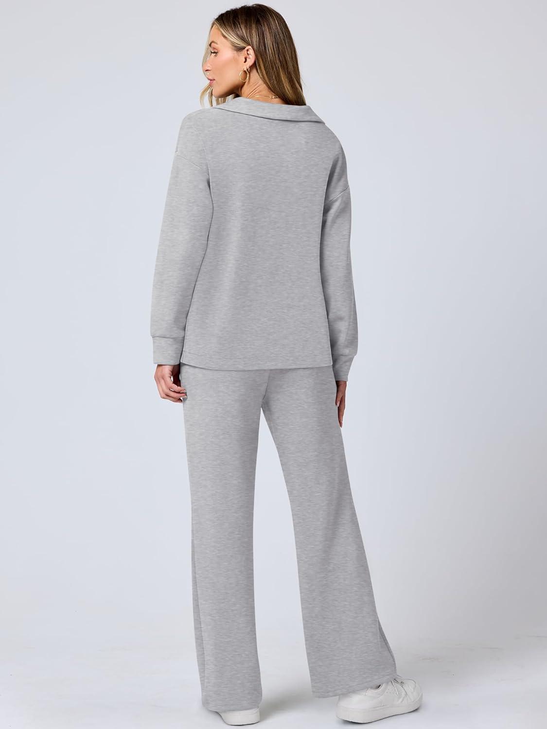 imageANRABESS Womens 2 Piece Outfits Lounge Sets Casual Long Sleeve Sweatsuits Polo Top Wide Leg Pants Fall Sweat Matching SetsLight Grey