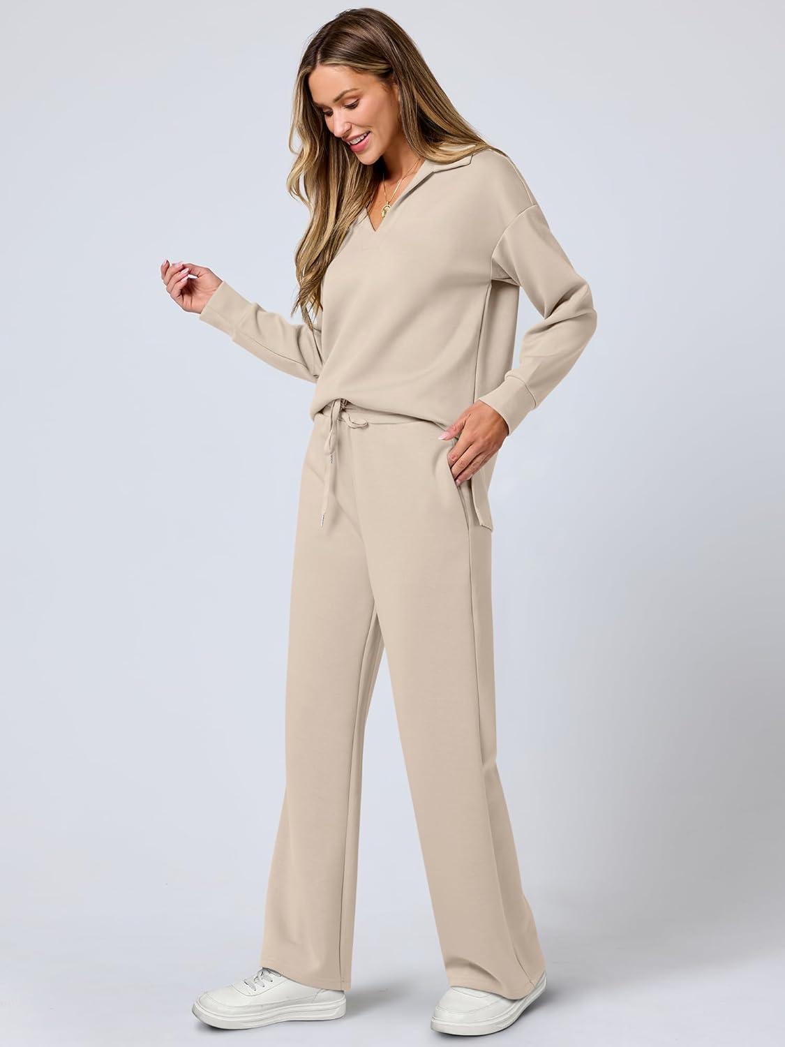 imageANRABESS Womens 2 Piece Outfits Lounge Sets Casual Long Sleeve Sweatsuits Polo Top Wide Leg Pants Fall Sweat Matching SetsLighter Khaki