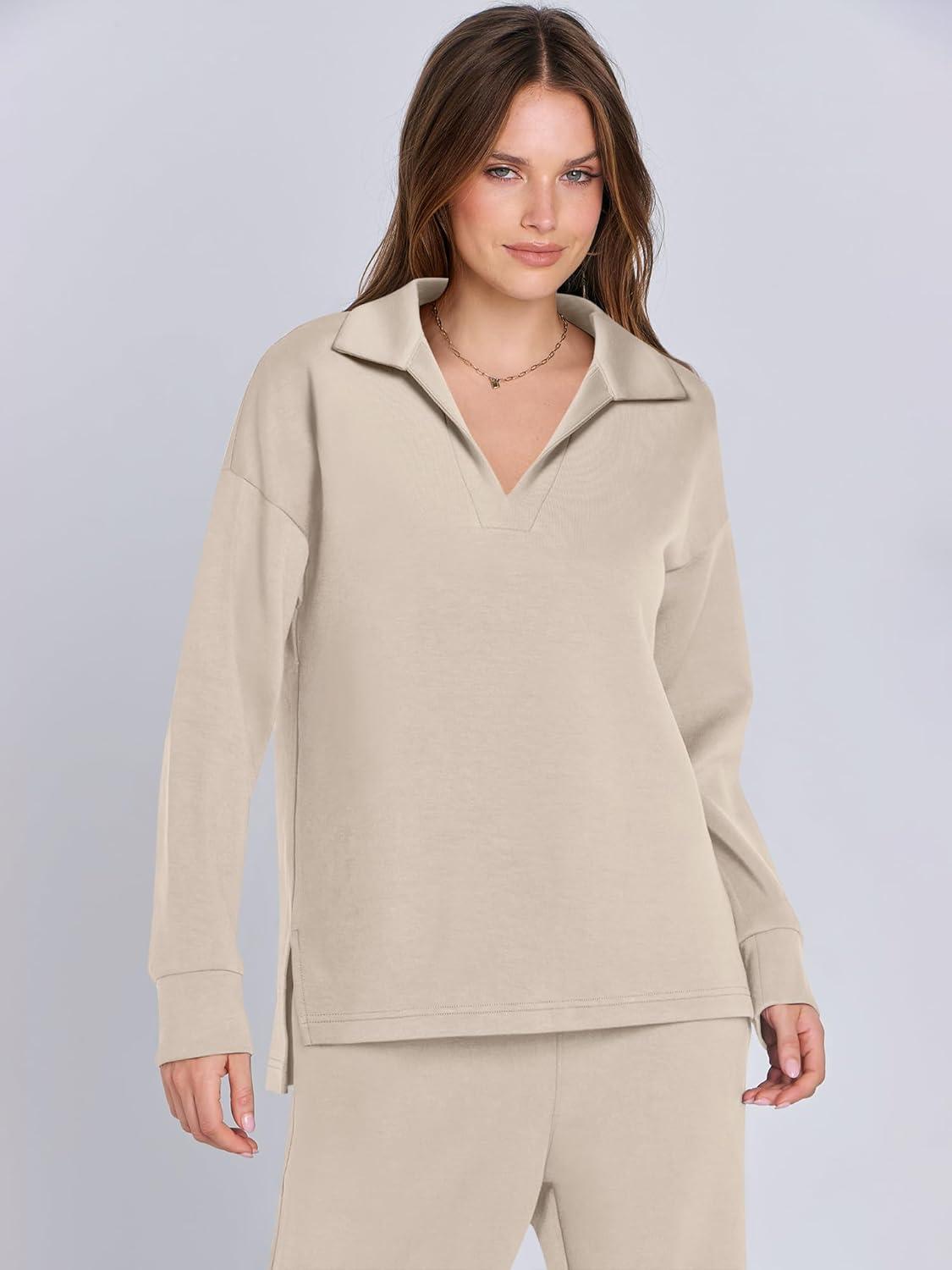 imageANRABESS Womens 2 Piece Outfits Lounge Sets Casual Long Sleeve Sweatsuits Polo Top Wide Leg Pants Fall Sweat Matching SetsLighter Khaki